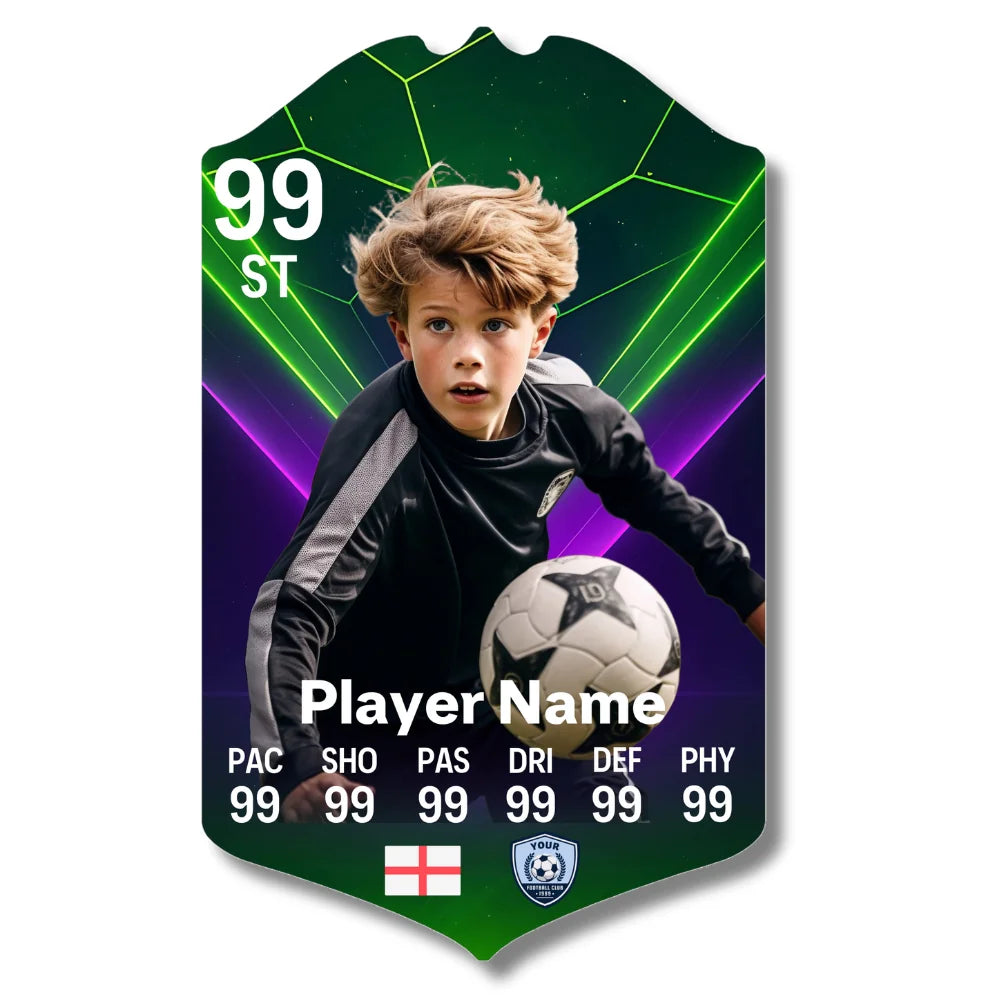 Personalised football card on glossy aluminium with custom player stats, name and club badge