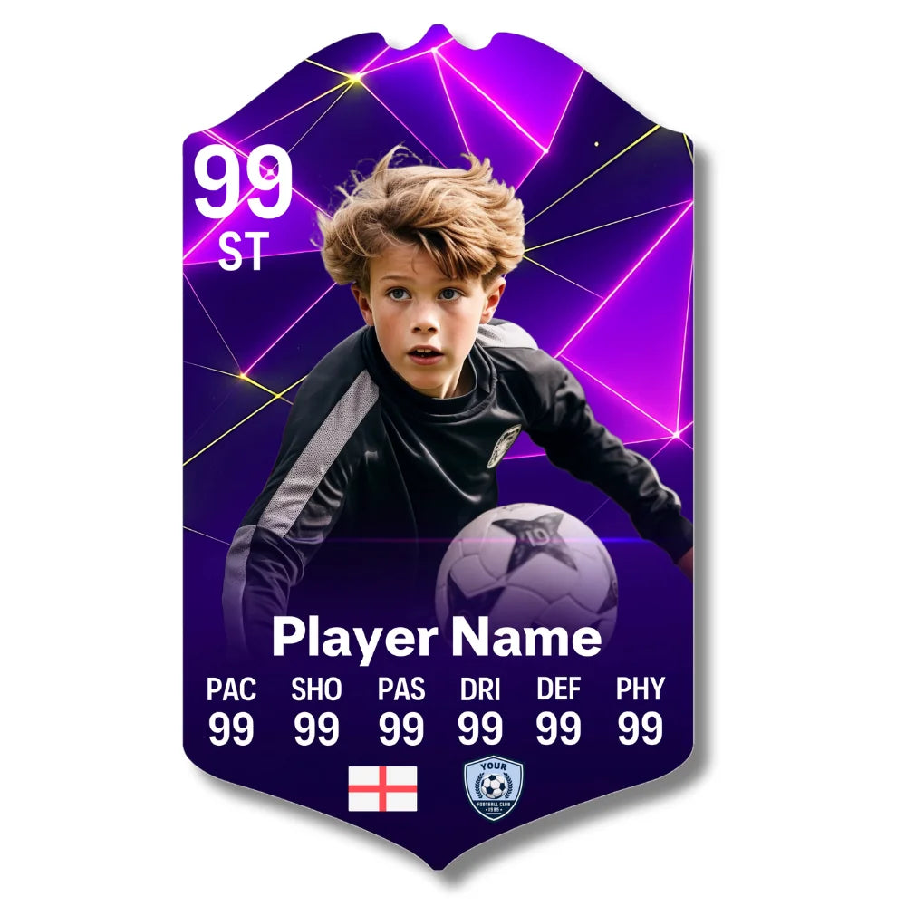 Personalised neon geometric football card printed on glossy aluminium with custom player stats and name