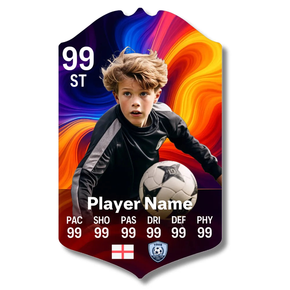 Personalised football card with colourful smoke design on glossy aluminium