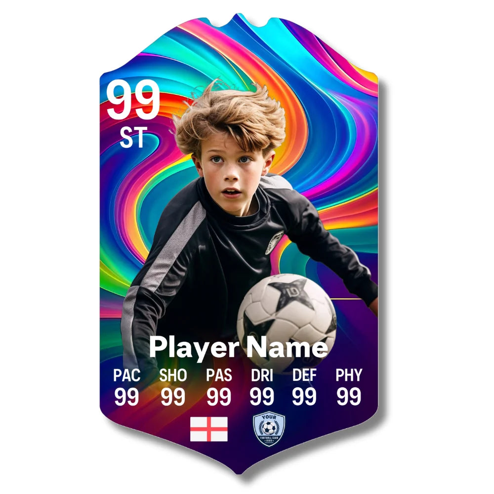 Personalised football card with rainbow smoke design printed on glossy aluminium