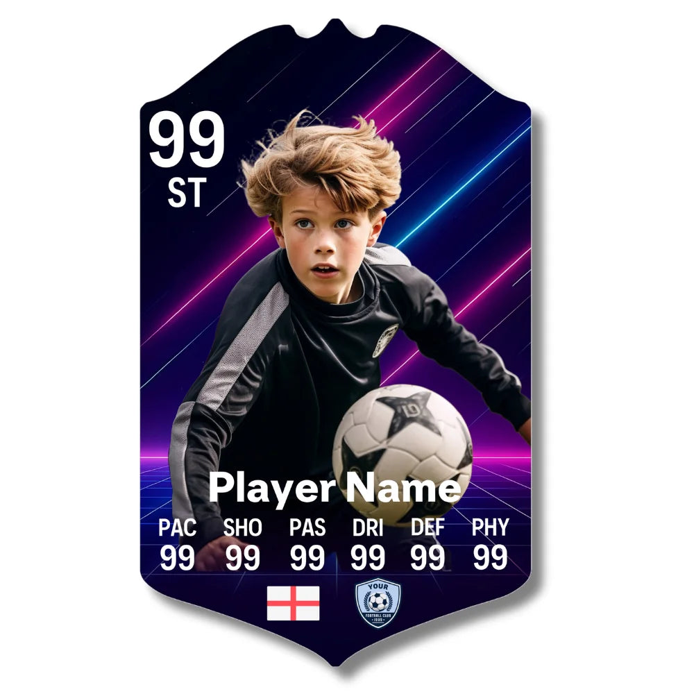 Personalised football card with neon grid design printed on glossy aluminium