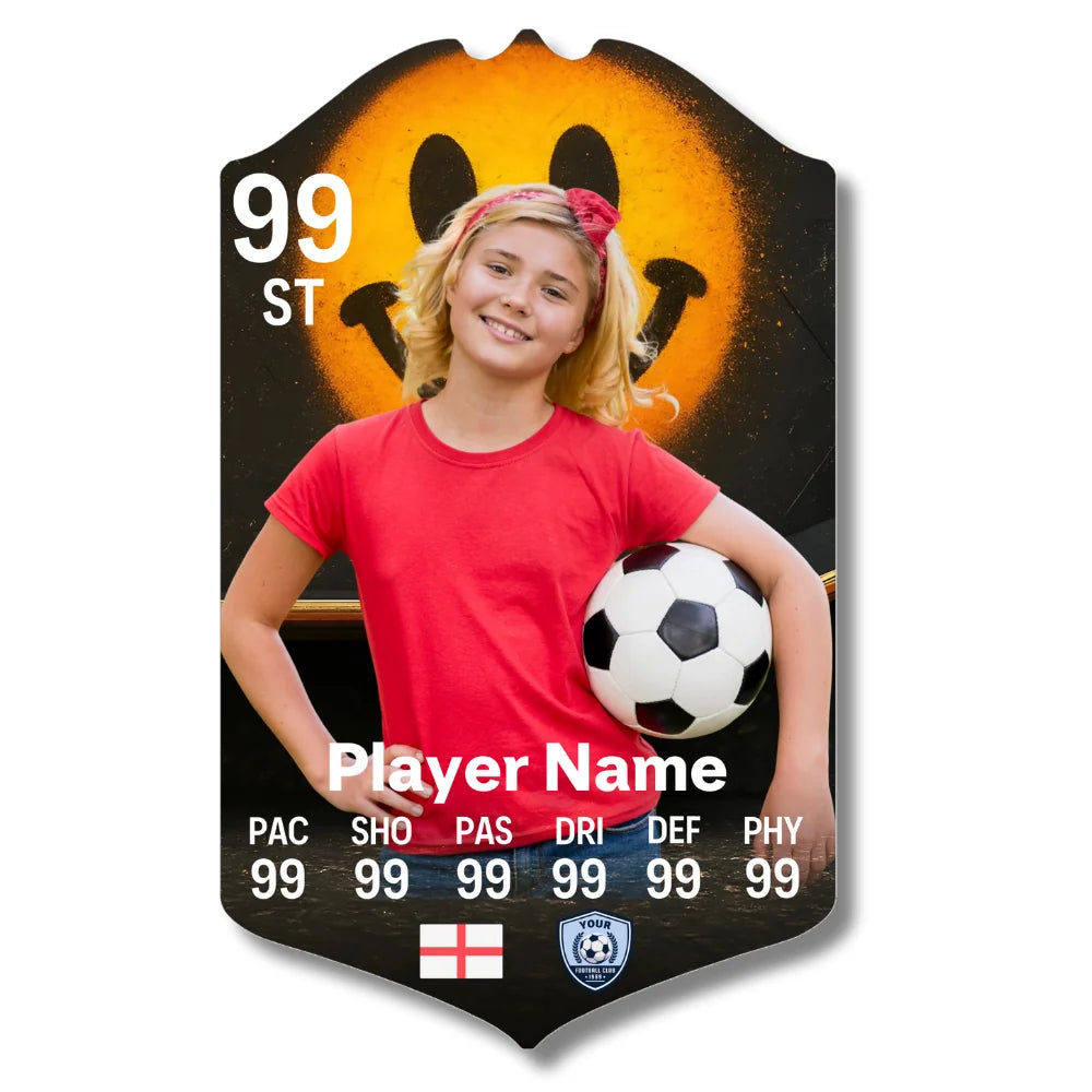 Personalised football card with skater emoji design printed on glossy aluminium