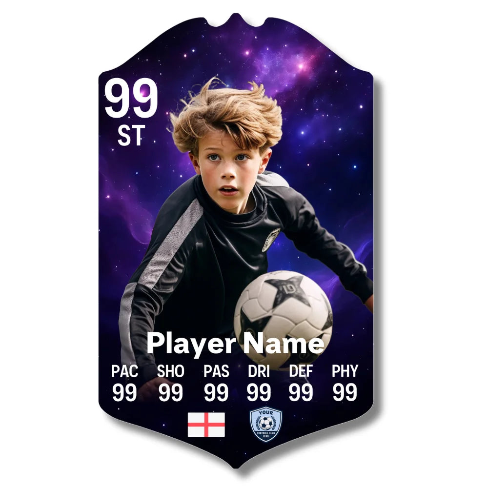 Personalised football card in nebula design printed on glossy aluminium