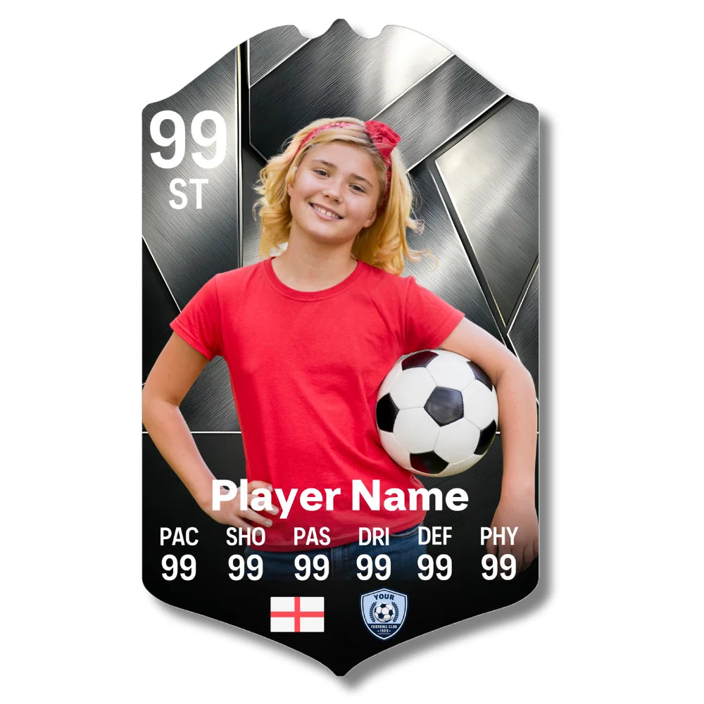 Personalised chromium football card printed on glossy aluminium with custom name and stats