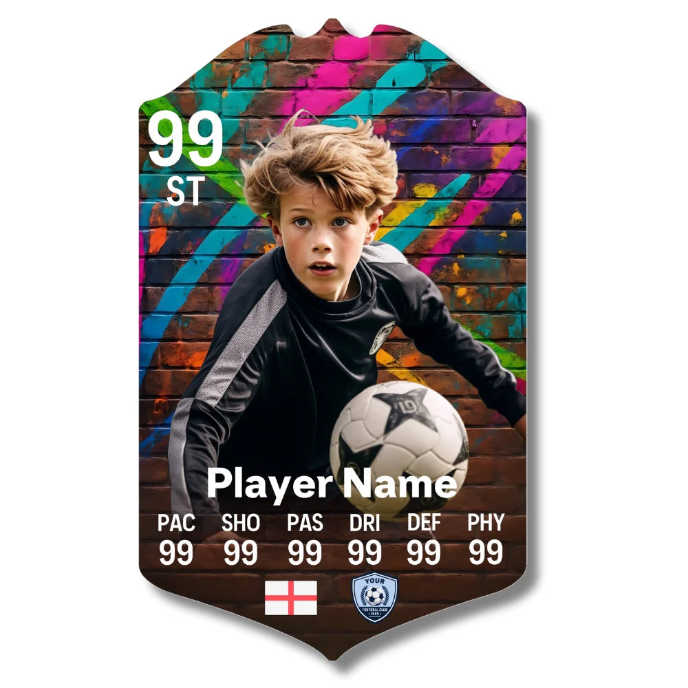 Personalised football card with graffiti wall design printed on glossy aluminium