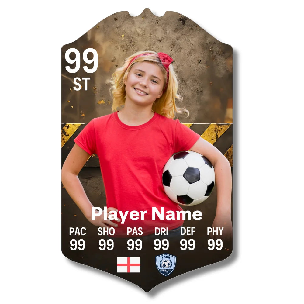 Personalised football card on glossy aluminium with custom player stats, name and club