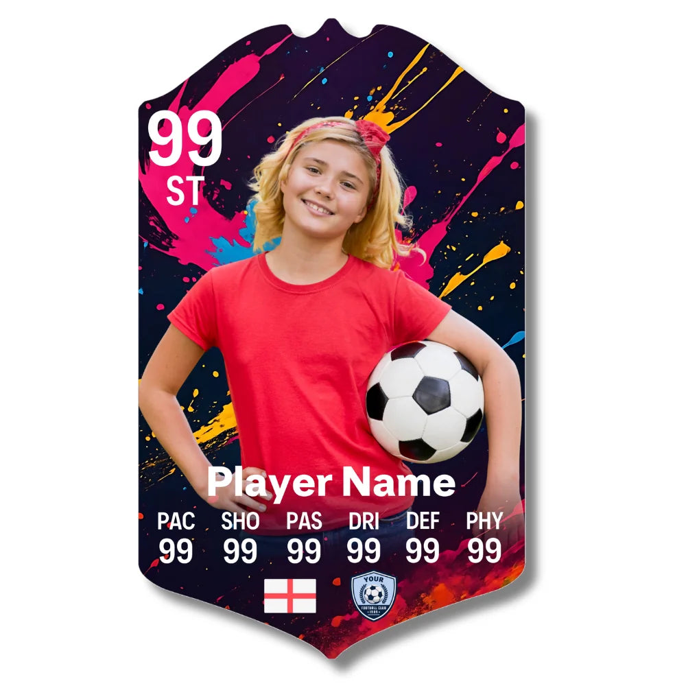 Personalised football card with paint splatter design on glossy aluminium