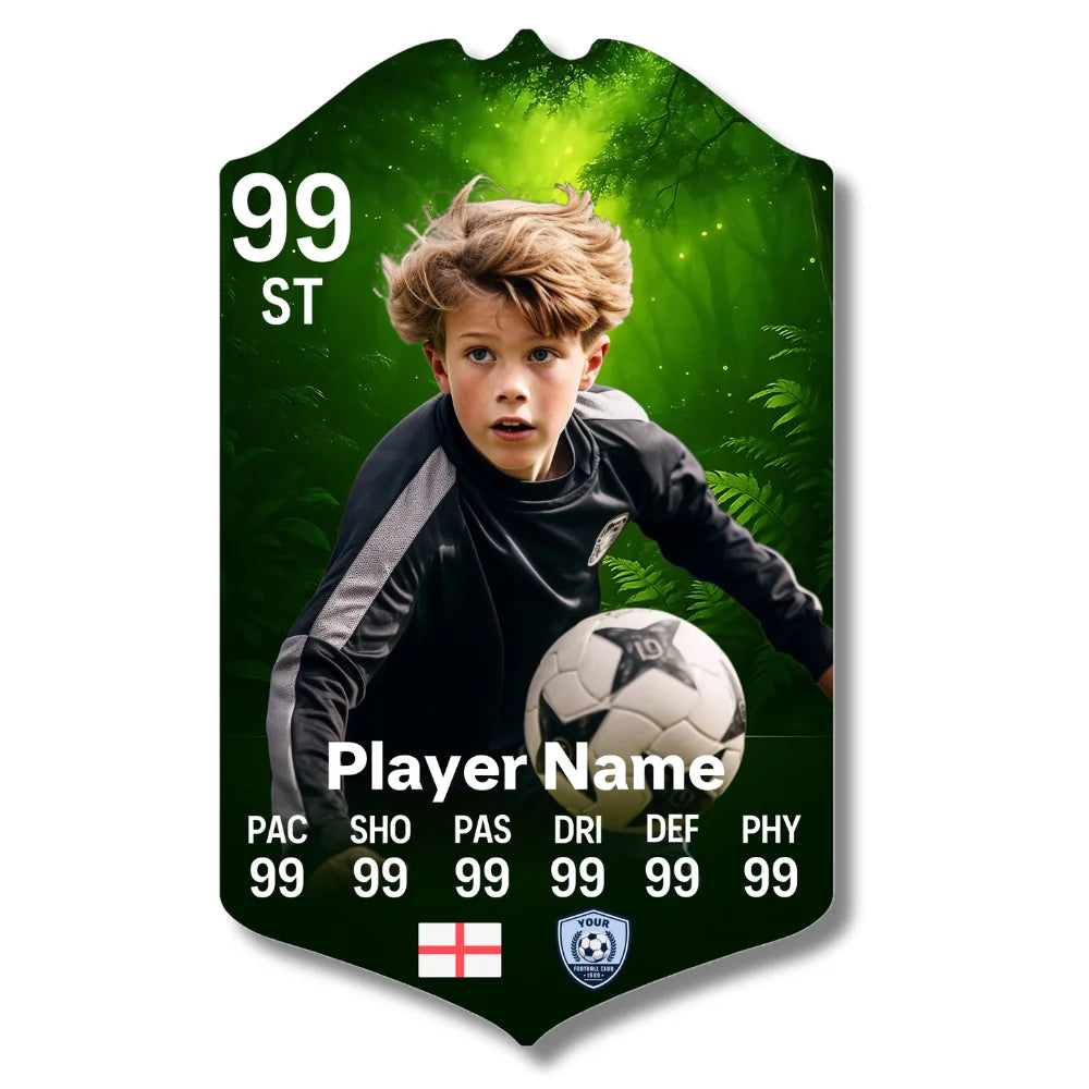 Personalised football card featuring a spooky forest design on glossy aluminium