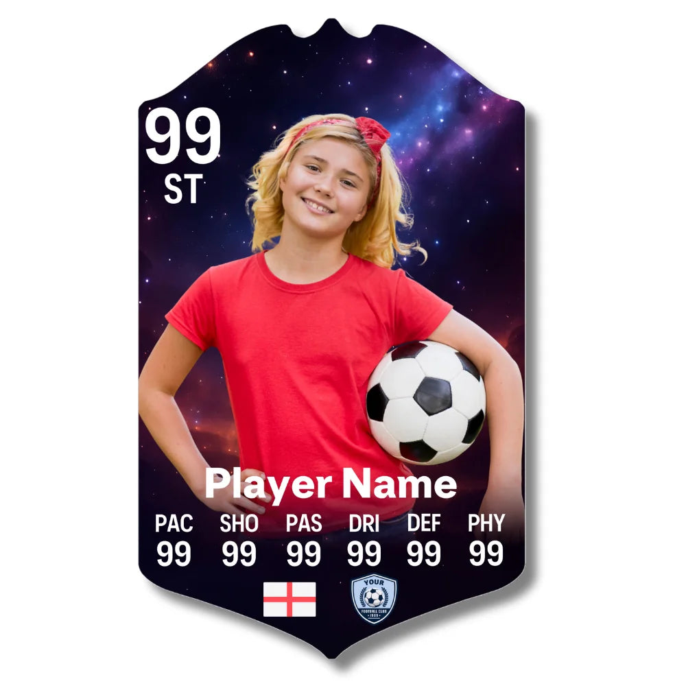 Personalised outer space football card on glossy aluminium showing custom player stats, name and club