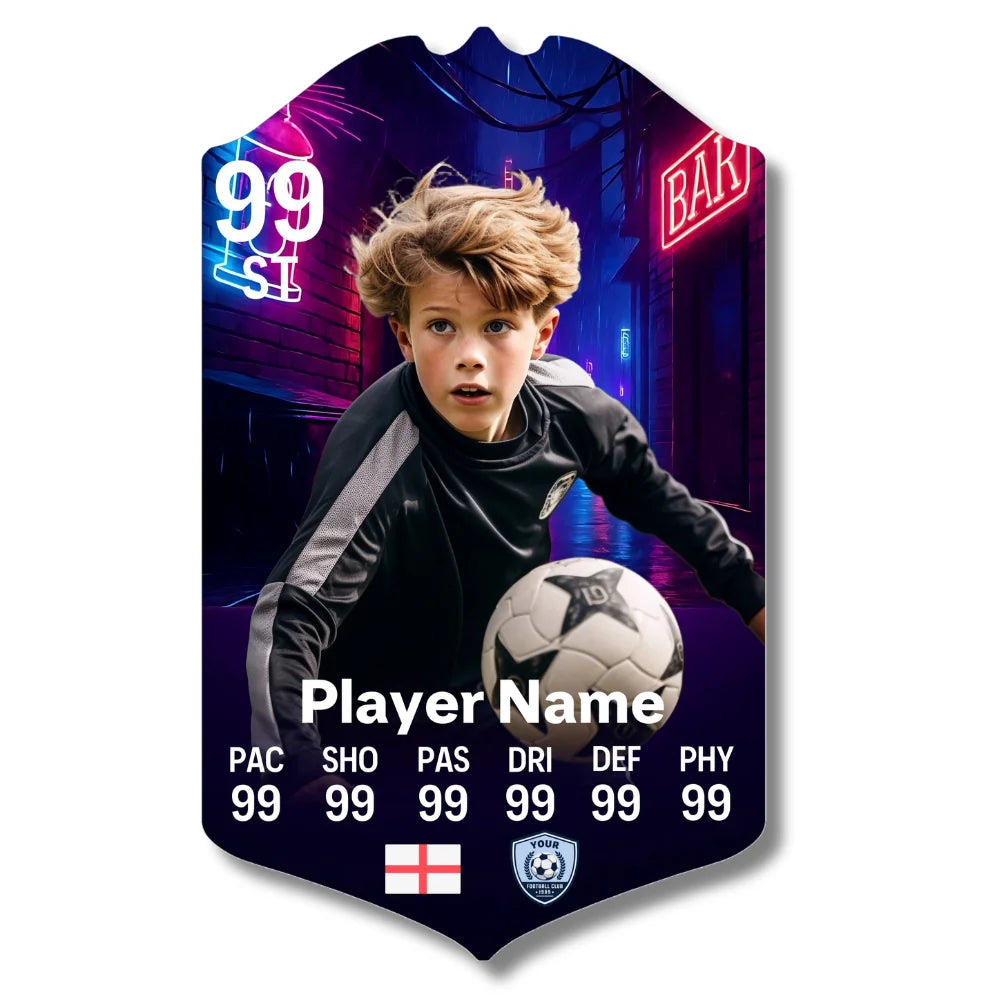 Personalised football card neon night scene design on glossy aluminium