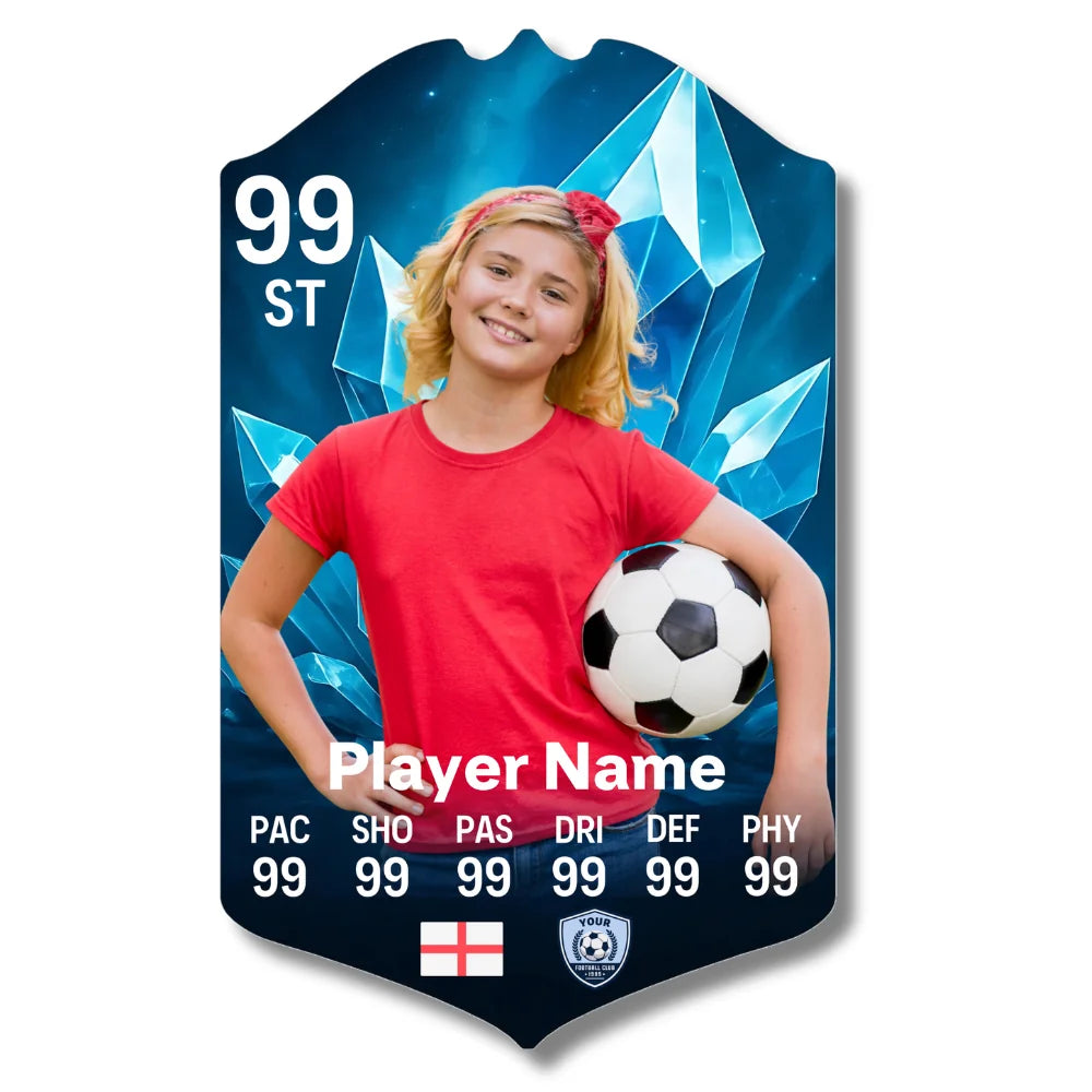 Personalised football card with ice crystals design printed on glossy aluminium