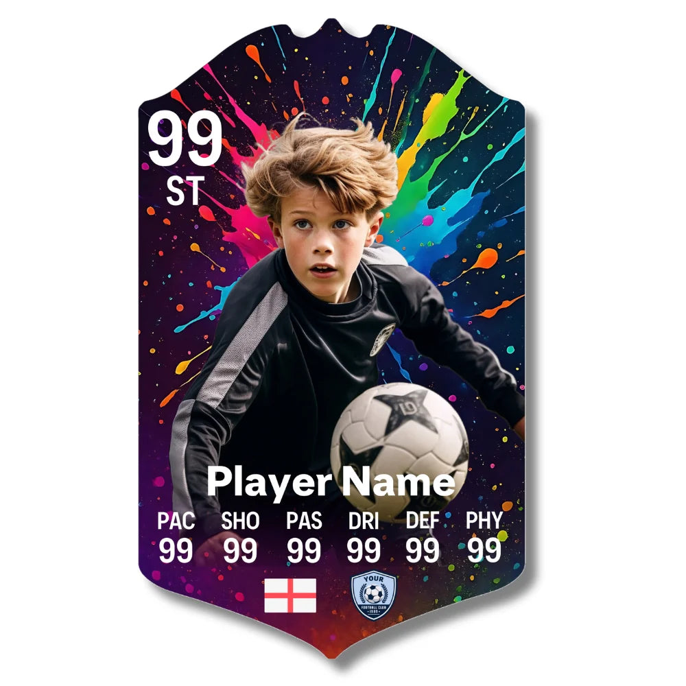 Personalised football card with paint explosion design printed on glossy aluminium