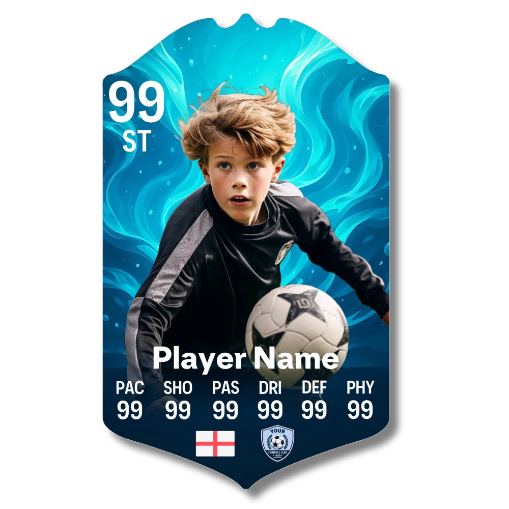Personalised football card in Wind and Rain design printed on glossy aluminium
