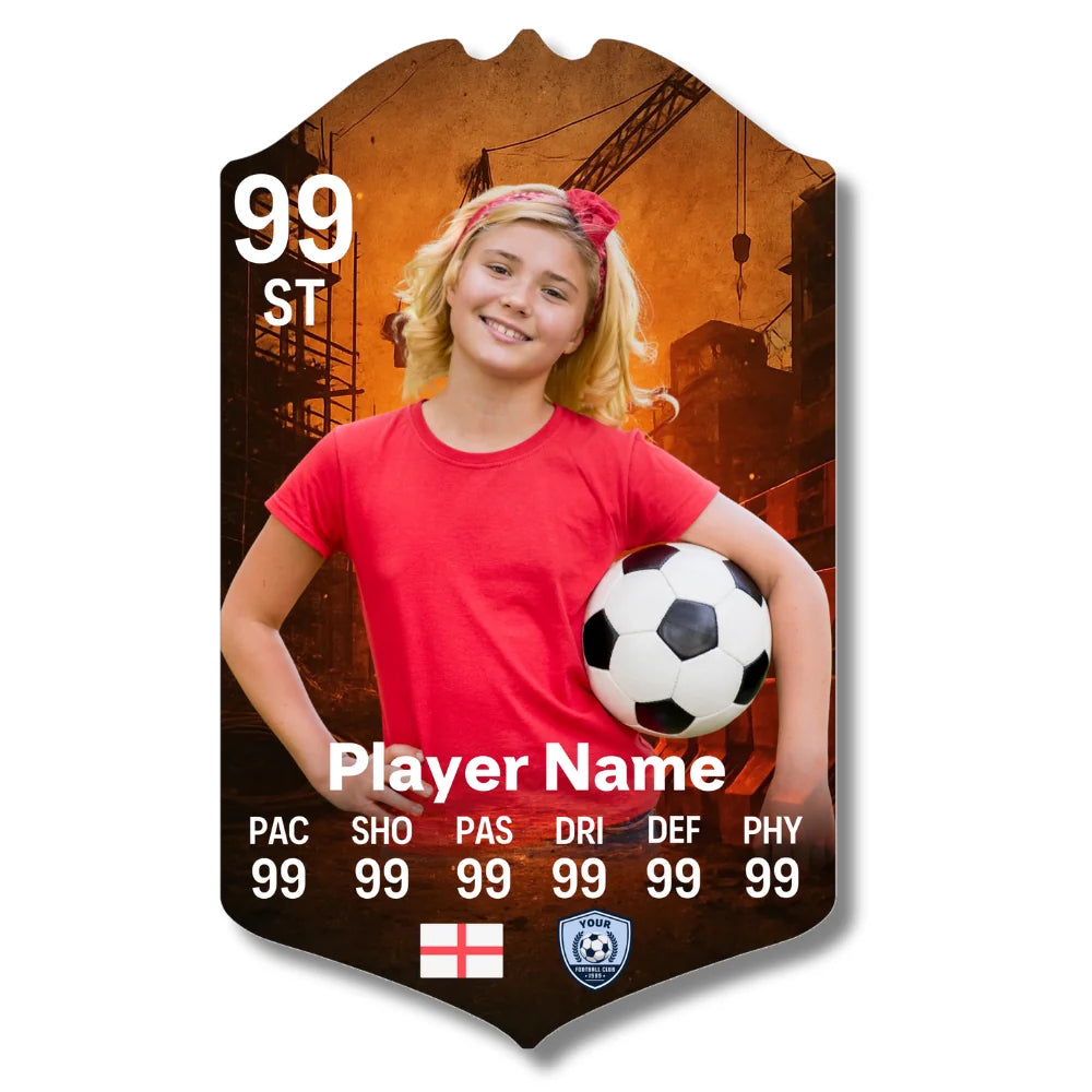 Personalised football card with construction design printed on glossy aluminium