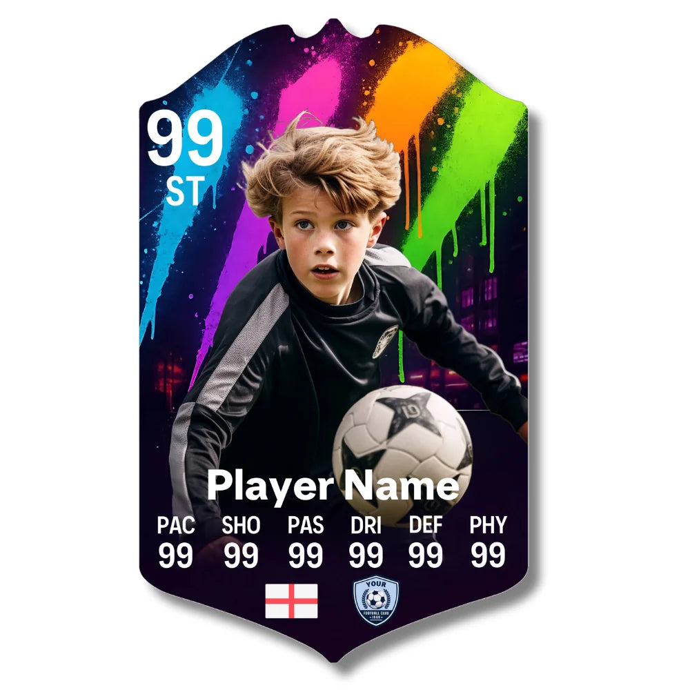 Personalised football card with paint spray design printed on glossy aluminium