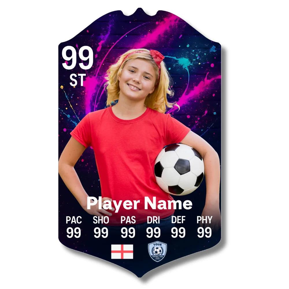 Personalised football card with spray paint design on glossy aluminium from Scottsy