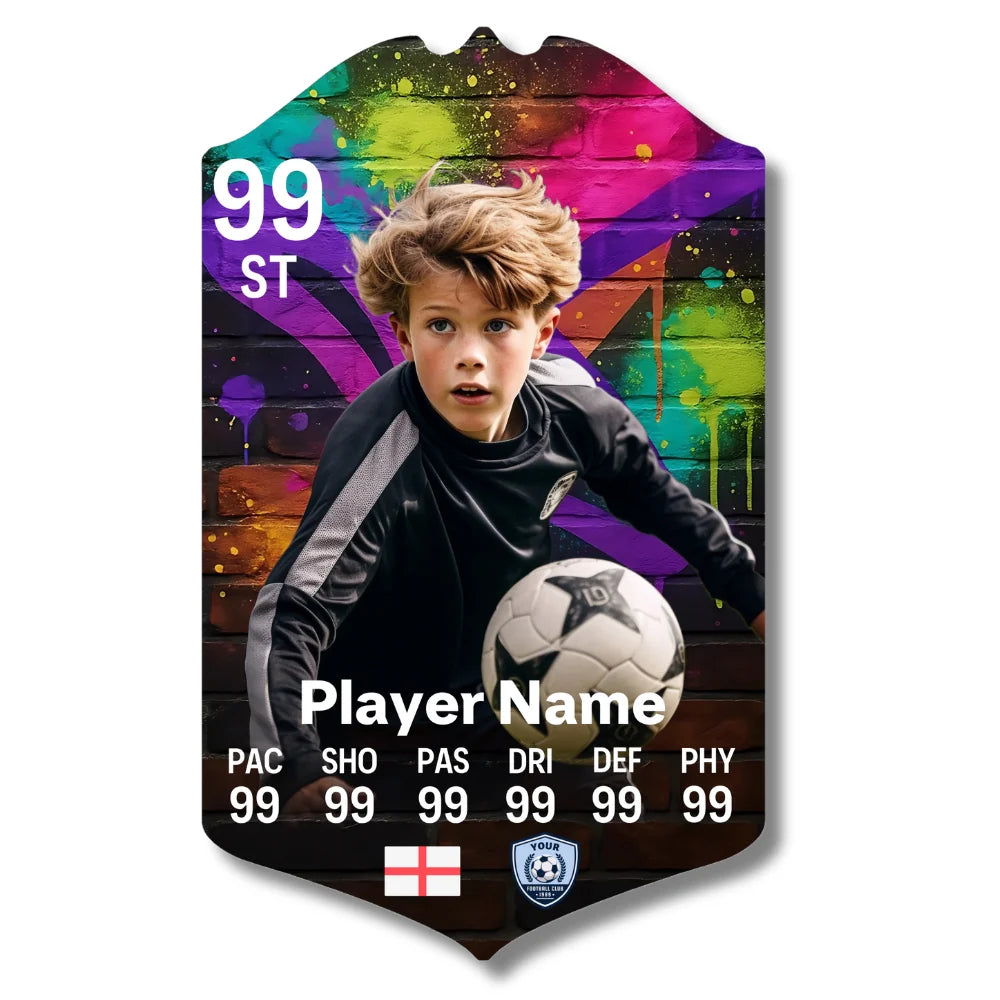 Personalised football card with graffiti wall design on glossy aluminium
