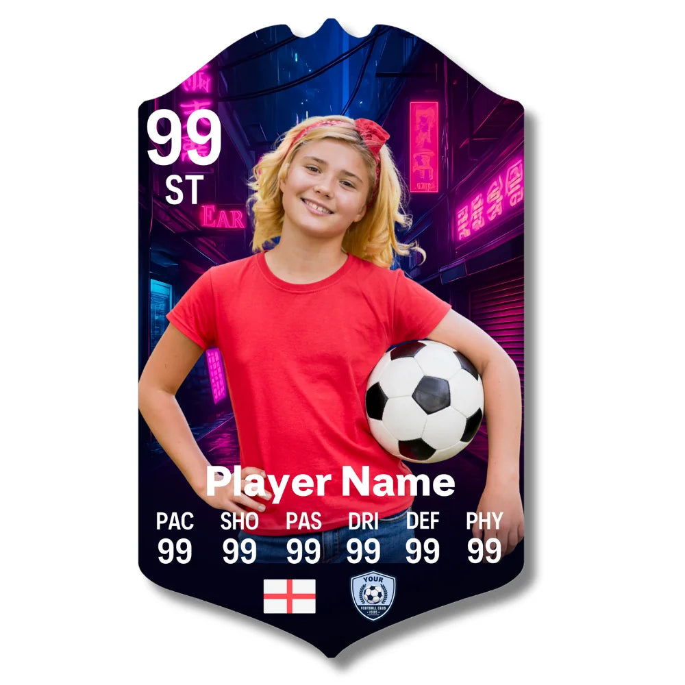 Personalised football card in night scene neon design printed on glossy aluminium