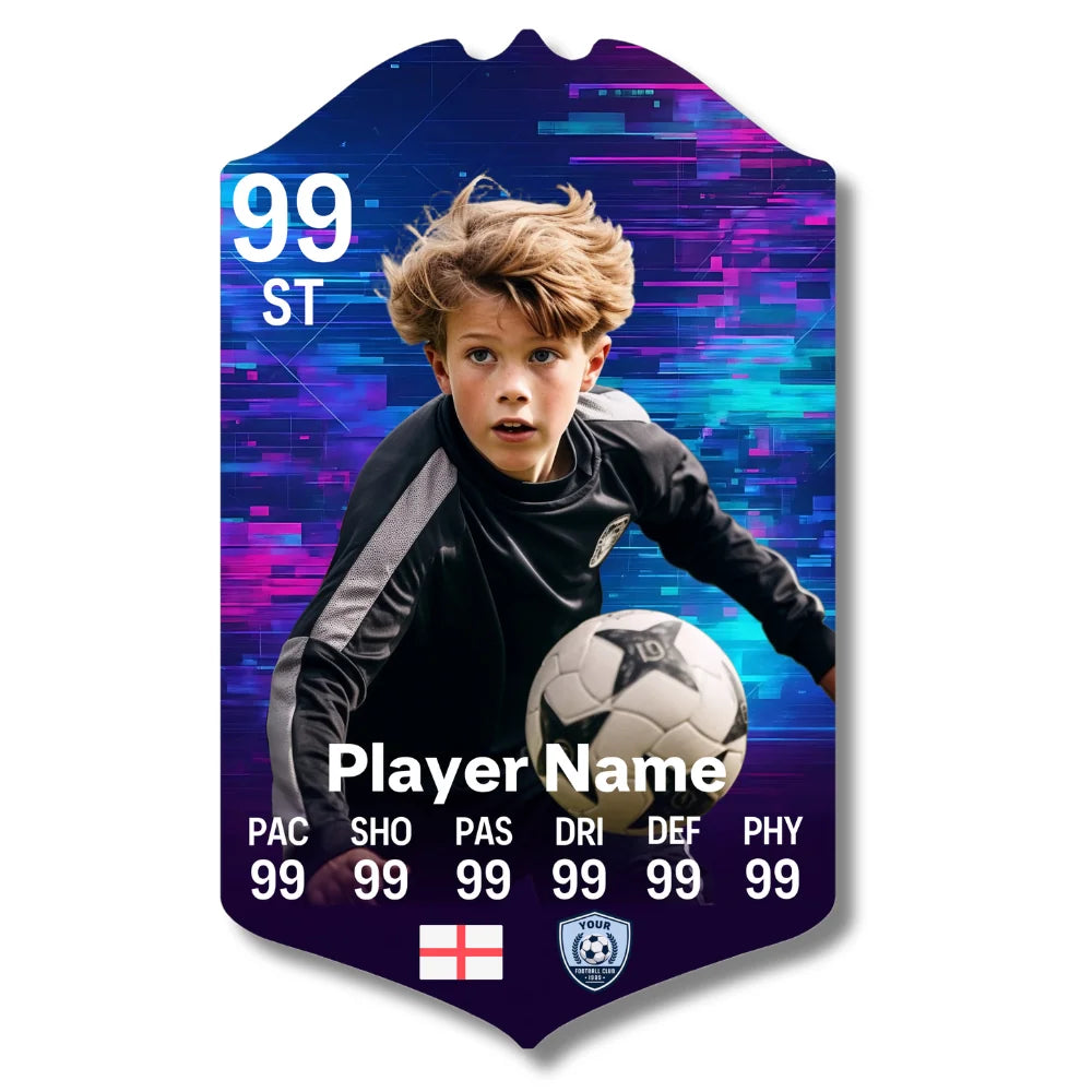 Personalised football card with glitch design printed on glossy aluminium