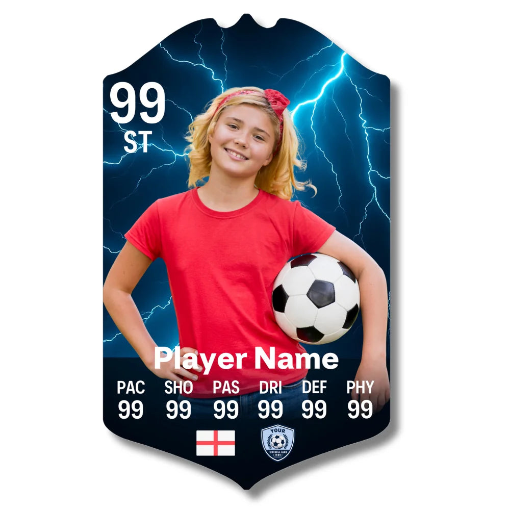 Personalised football card with moody lightning design printed on glossy aluminium