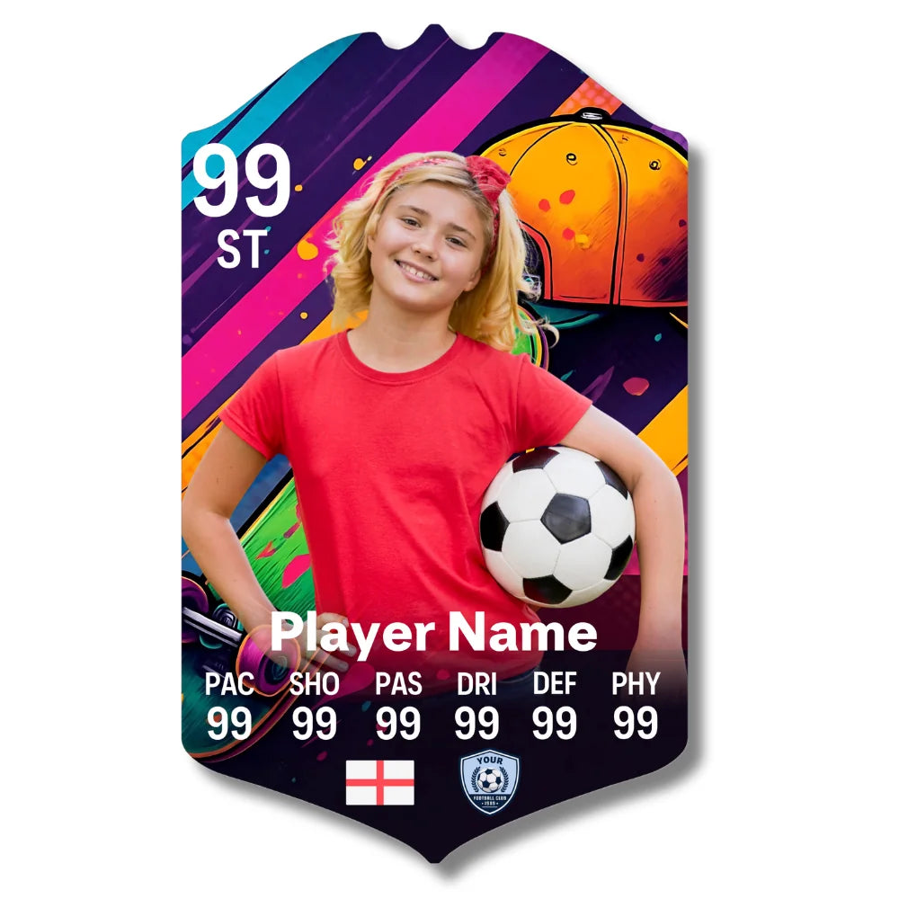 Personalised football card in retro skater design printed on glossy aluminium