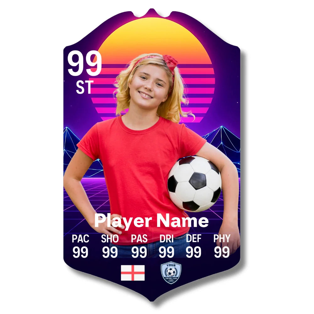 Personalised retro synthwave football card printed on glossy aluminium with custom player stats and name