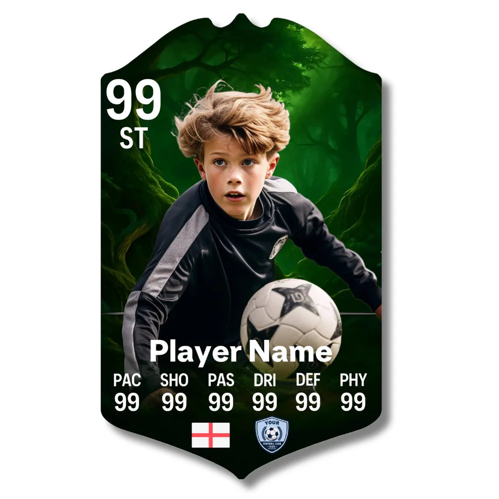 Personalised football card with a spooky forest background design on glossy aluminium