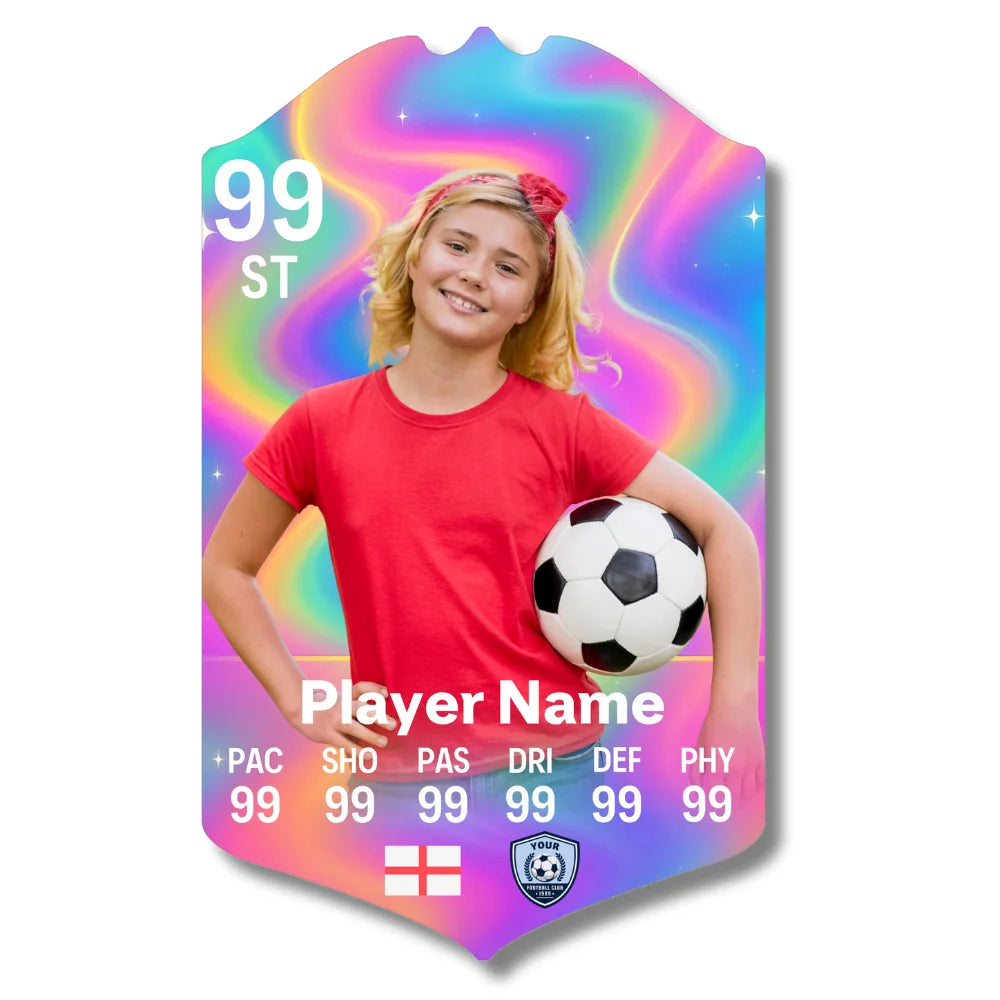 Personalised football card in trippy design printed on glossy aluminium