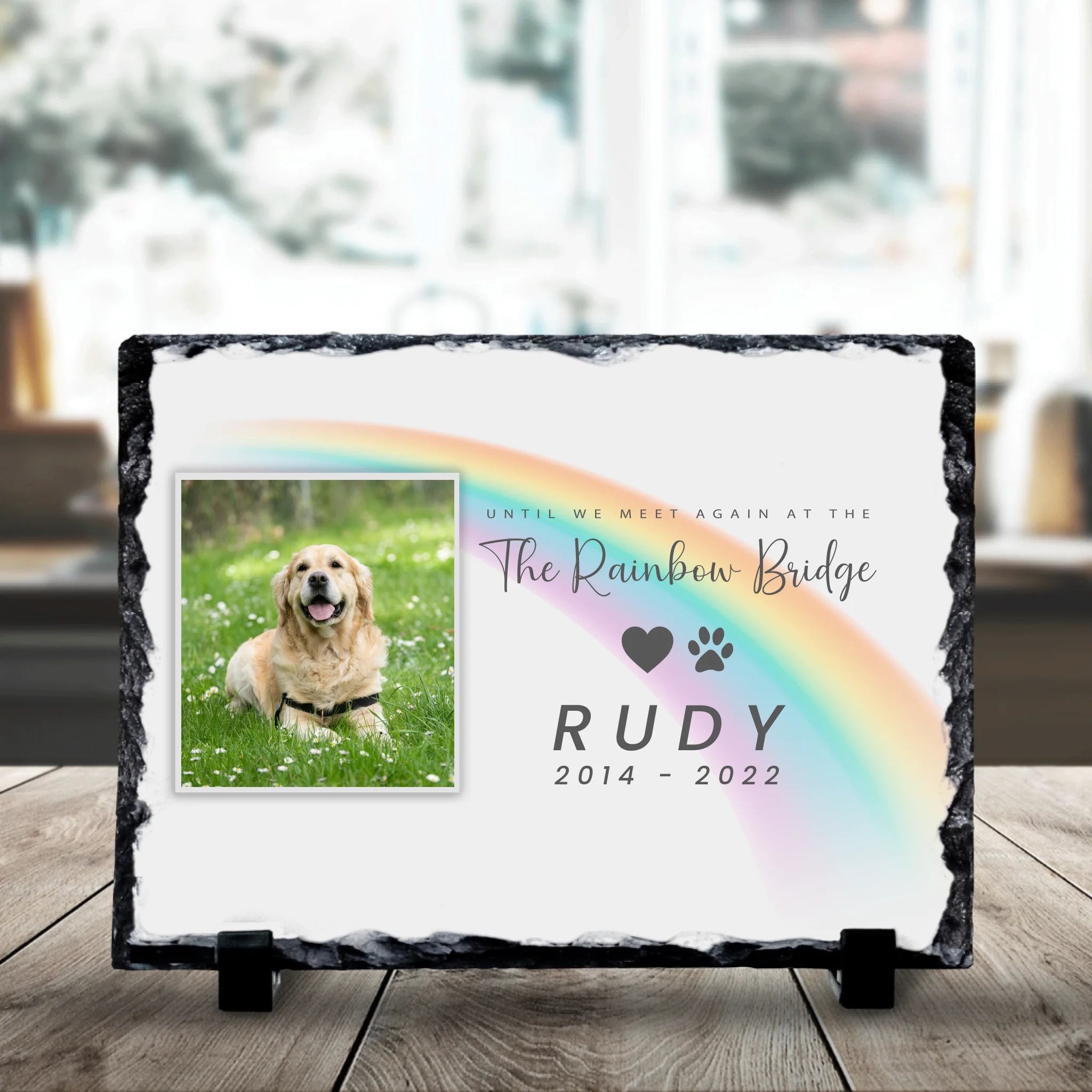 Personalised pet memorial photo slate with a custom name and photo printed on natural slate