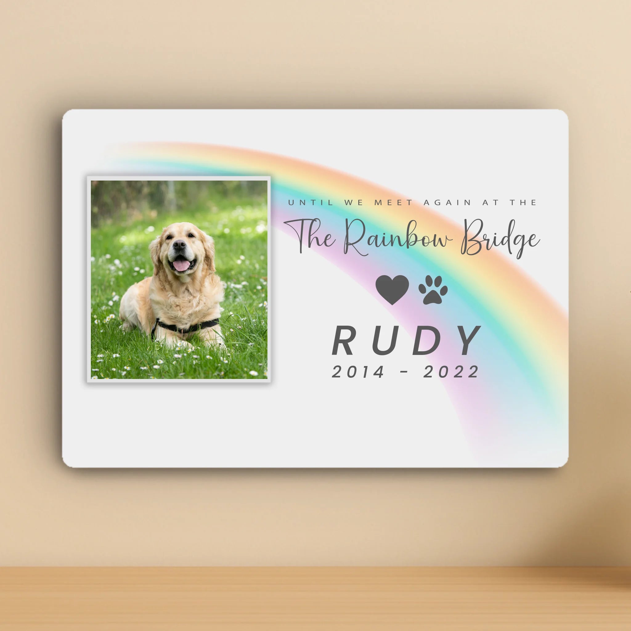 Pet Memorial Metal Photo Panel – Custom Name & 1 Photo - “Until We Meet Again at the Rainbow Bridge”