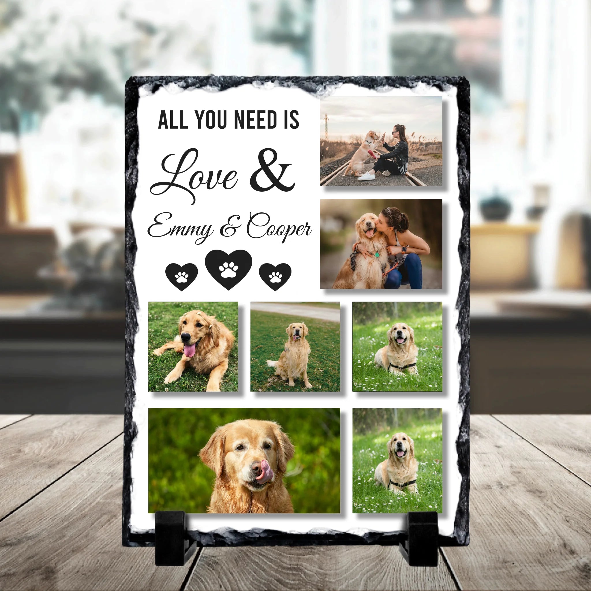 Personalised pet photo collage slate printed with the All You Need is Love quote