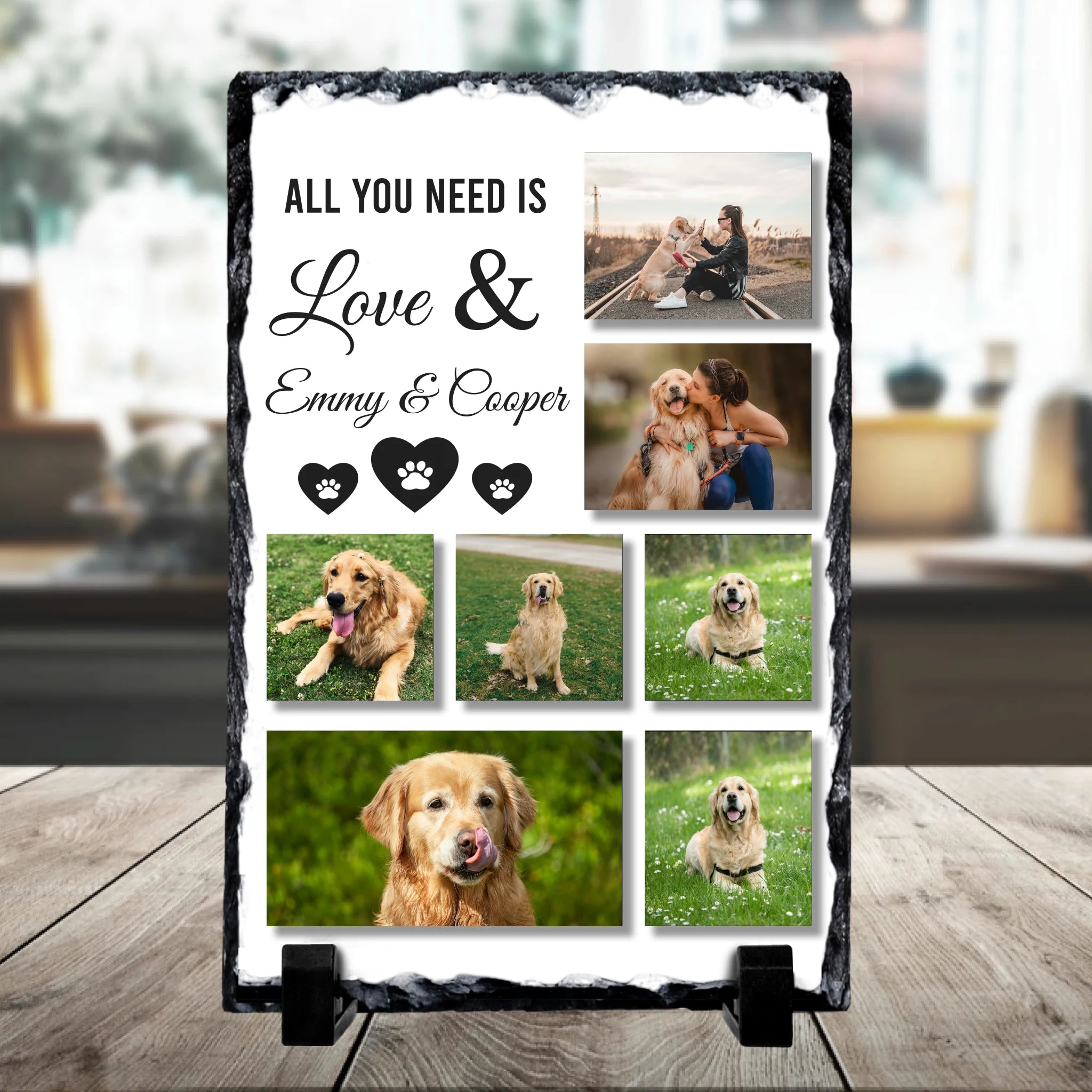 Custom pet photo slate gift showing a collage of pet photos on a printed slate