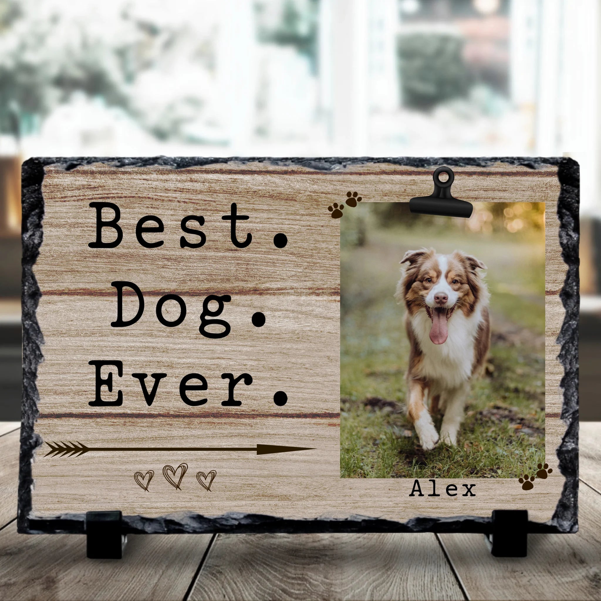 Custom pet photo slate gift showing a dog portrait with personalised name text