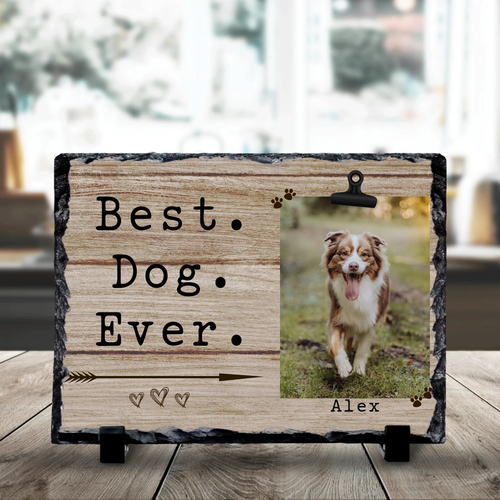 Personalised Best Dog Ever photo slate with a custom dog photo and printed name on natural stone