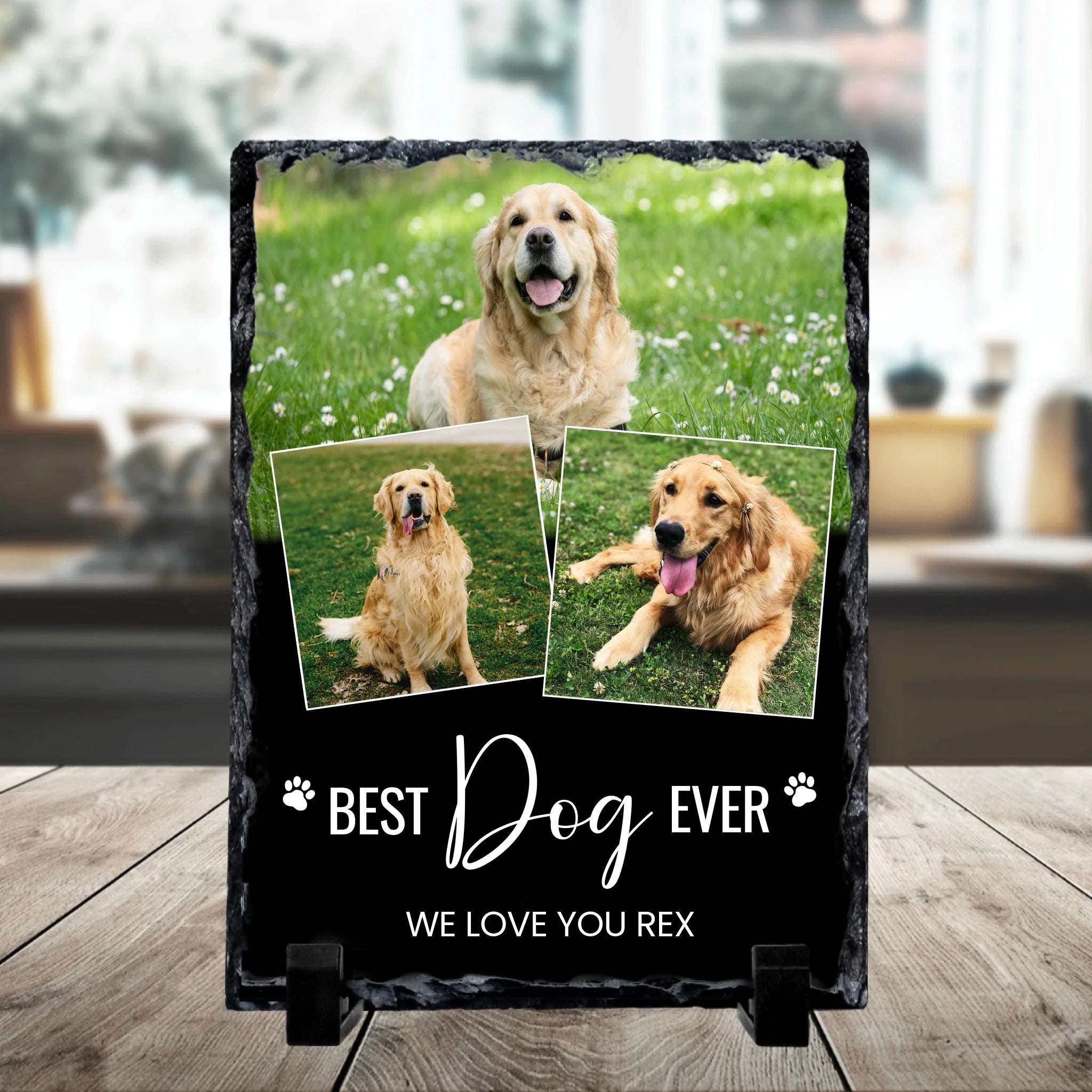 Personalised pet photo collage slate showing multiple pet photos with We Love You text