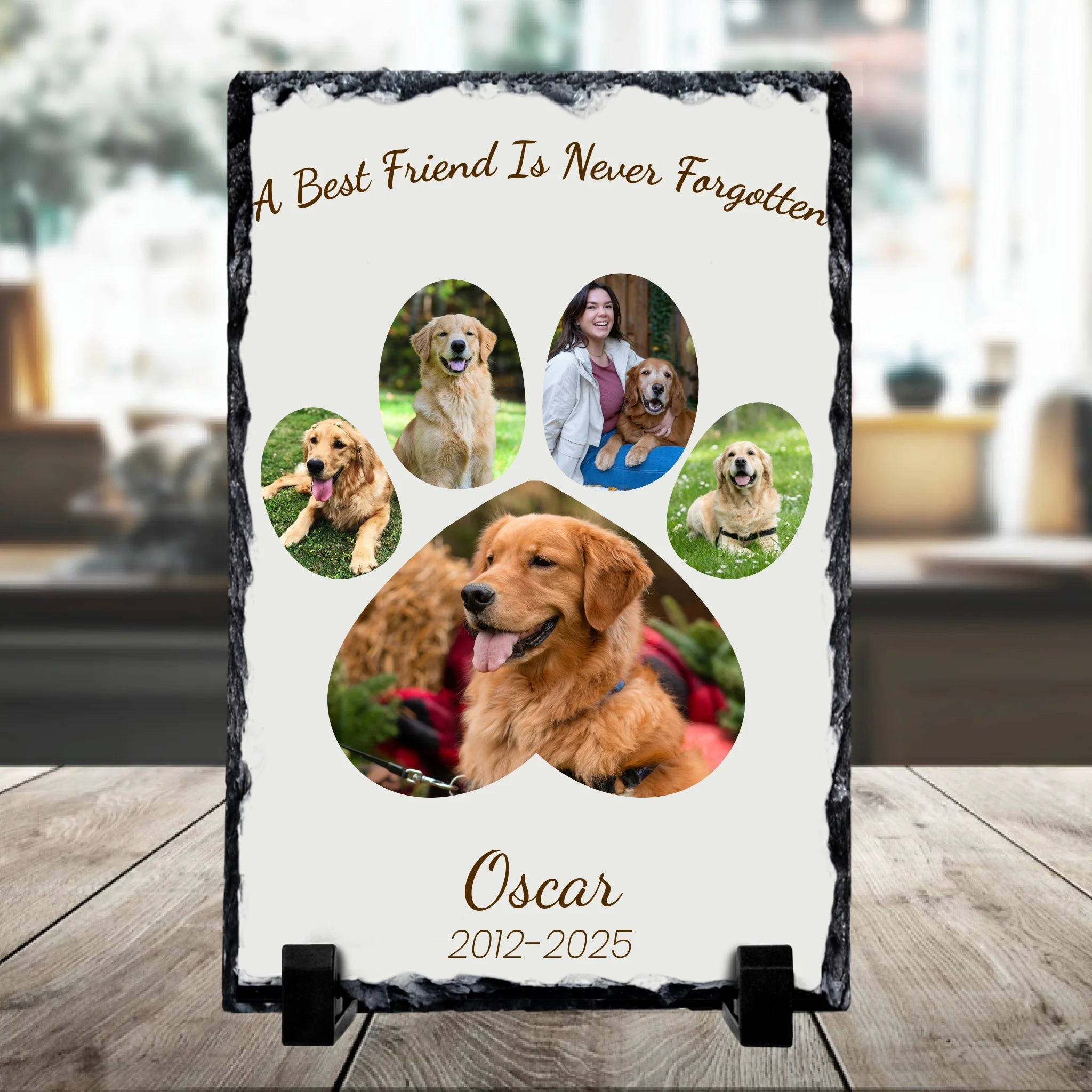 Custom pet memorial photo slate with 5 photo collage layout from Scottsy