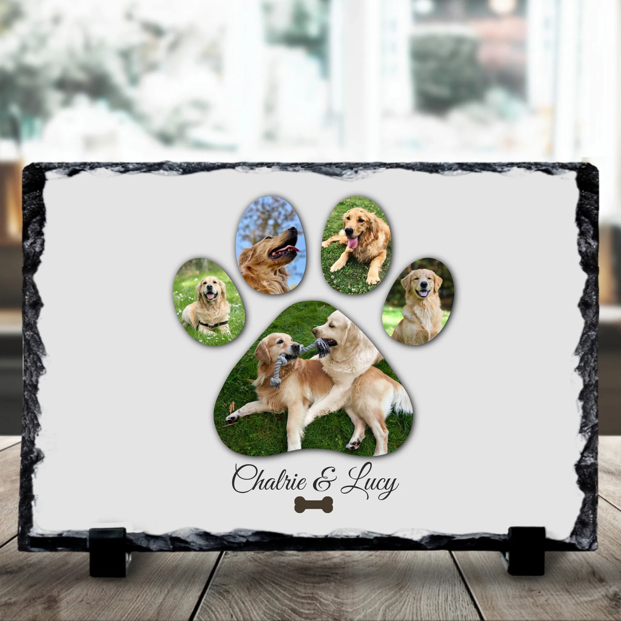 Custom photo slate with paw print design personalised with multiple names and photos