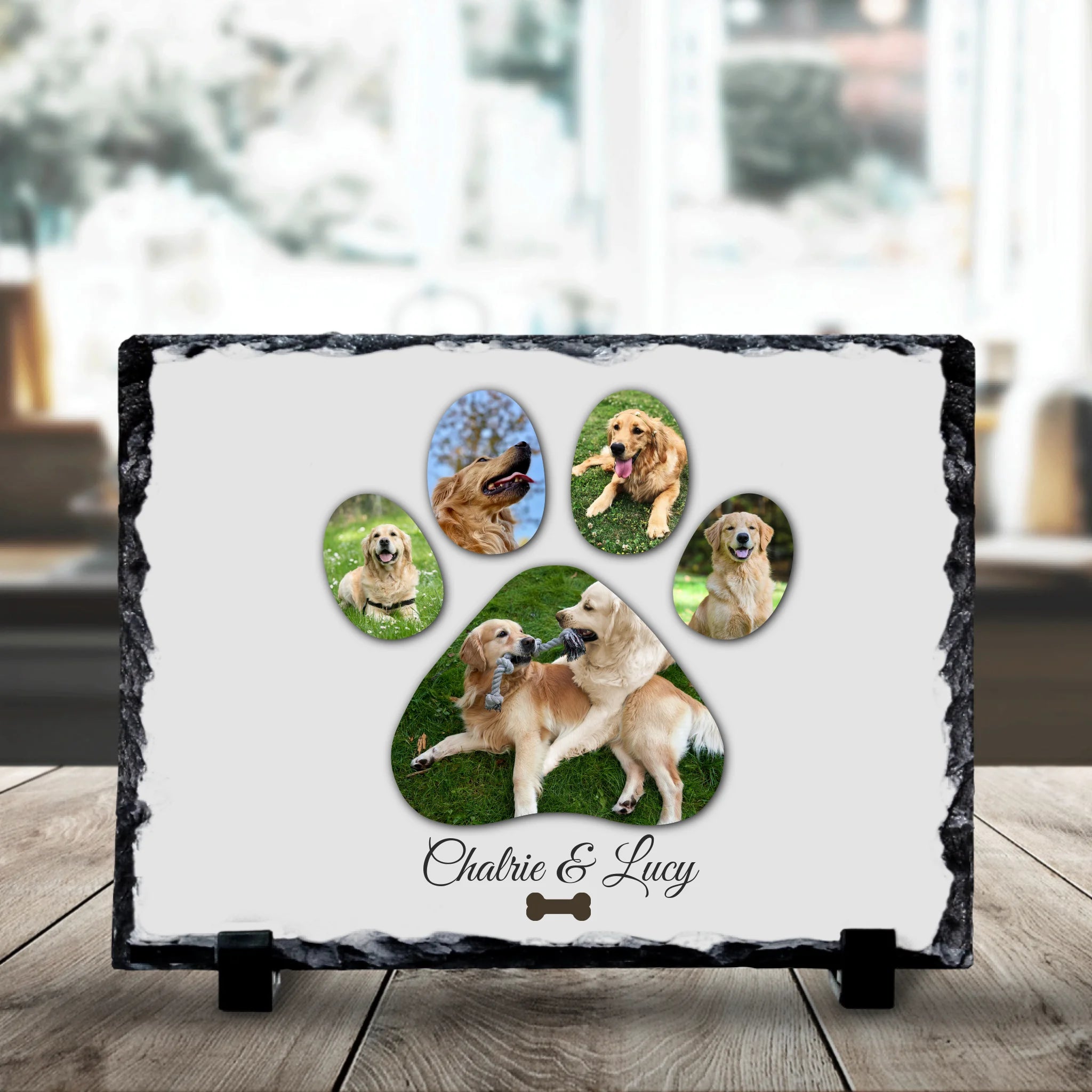 Personalised pet paw print photo slate showing five photos with custom names printed below