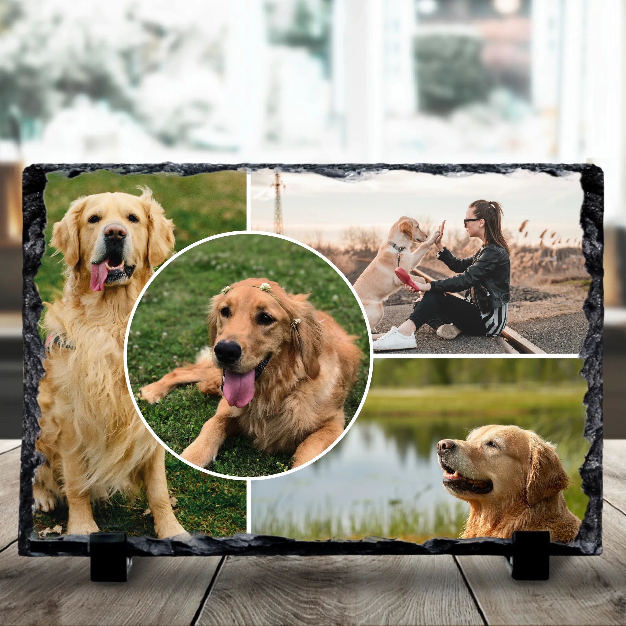 Personalised 4 photo collage slate gift displayed on a surface