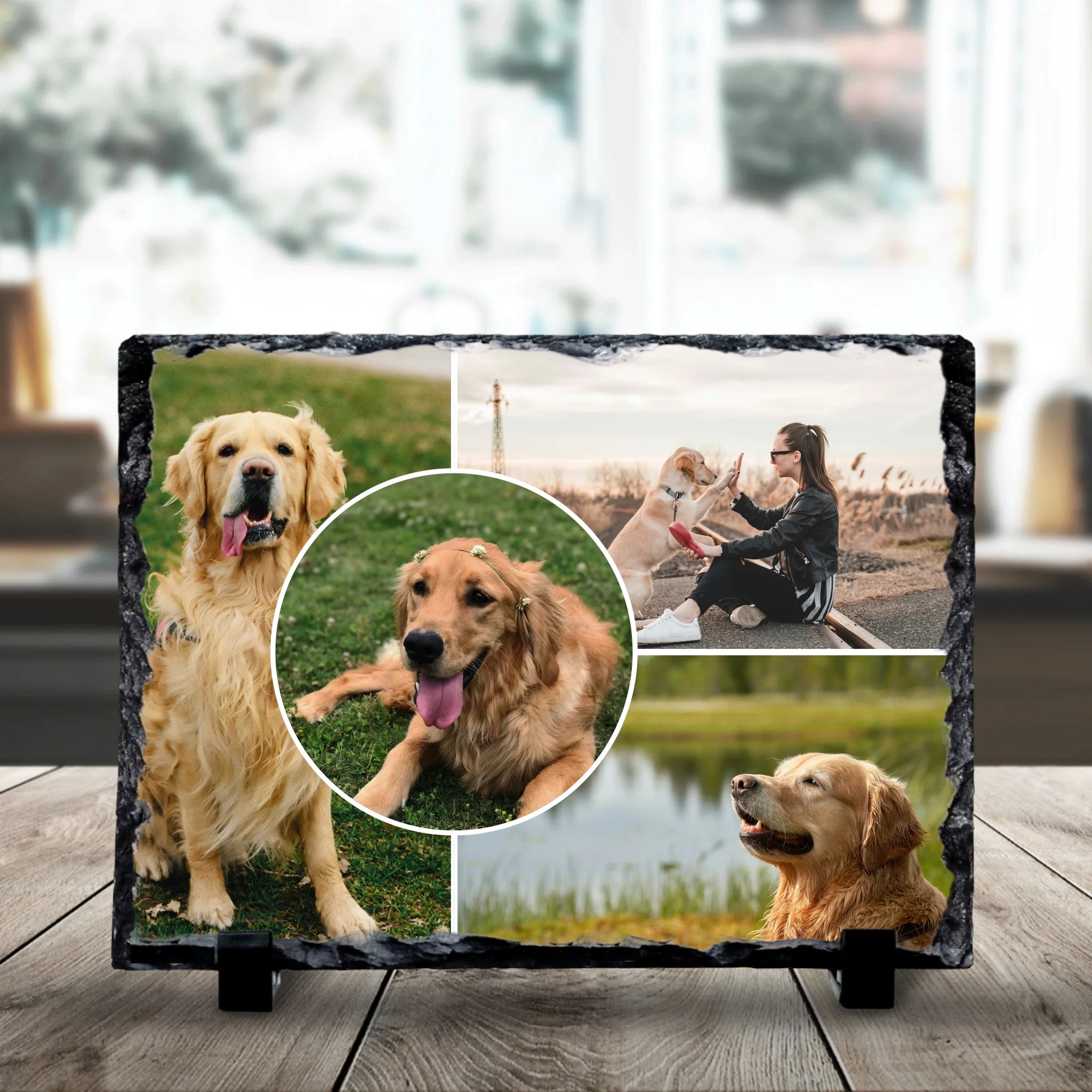 Custom personalised collage photo slate showing 4 photos on a dark stone slate