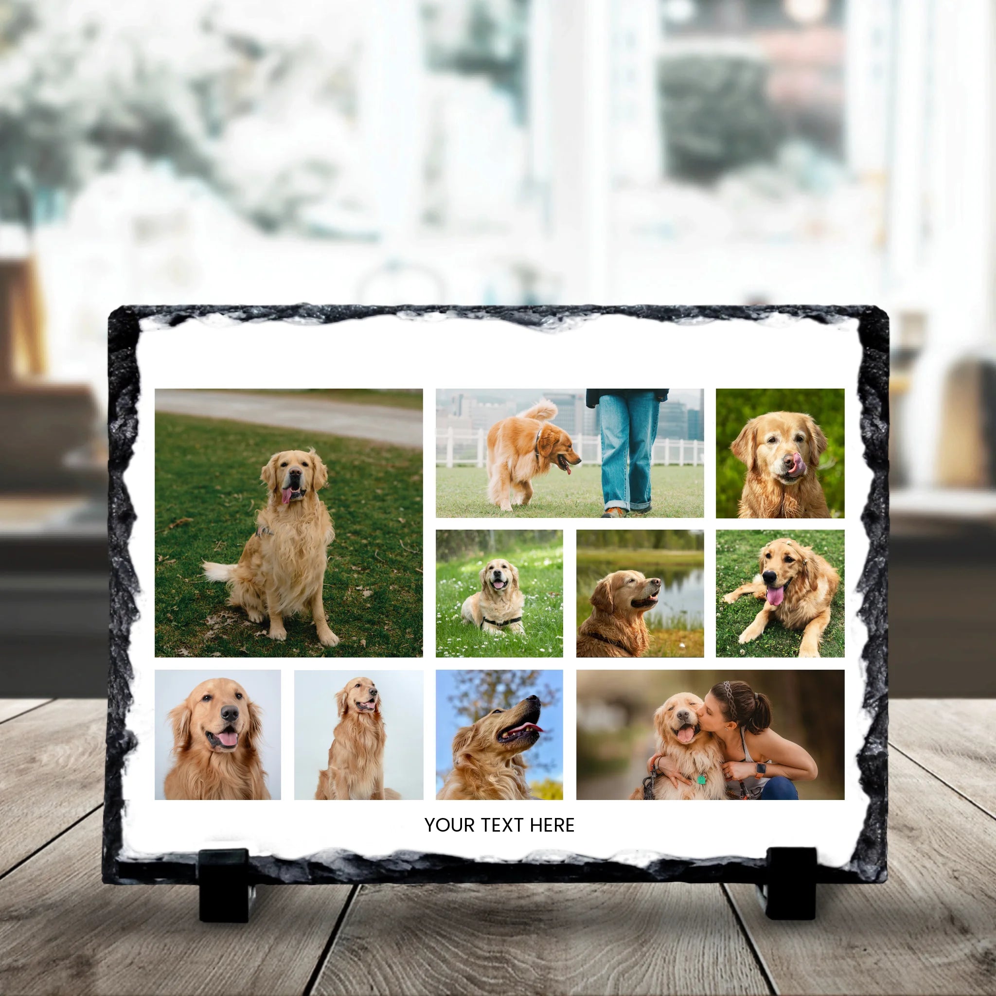 19x14cm personalised photo slate with collage layout and changeable background colour