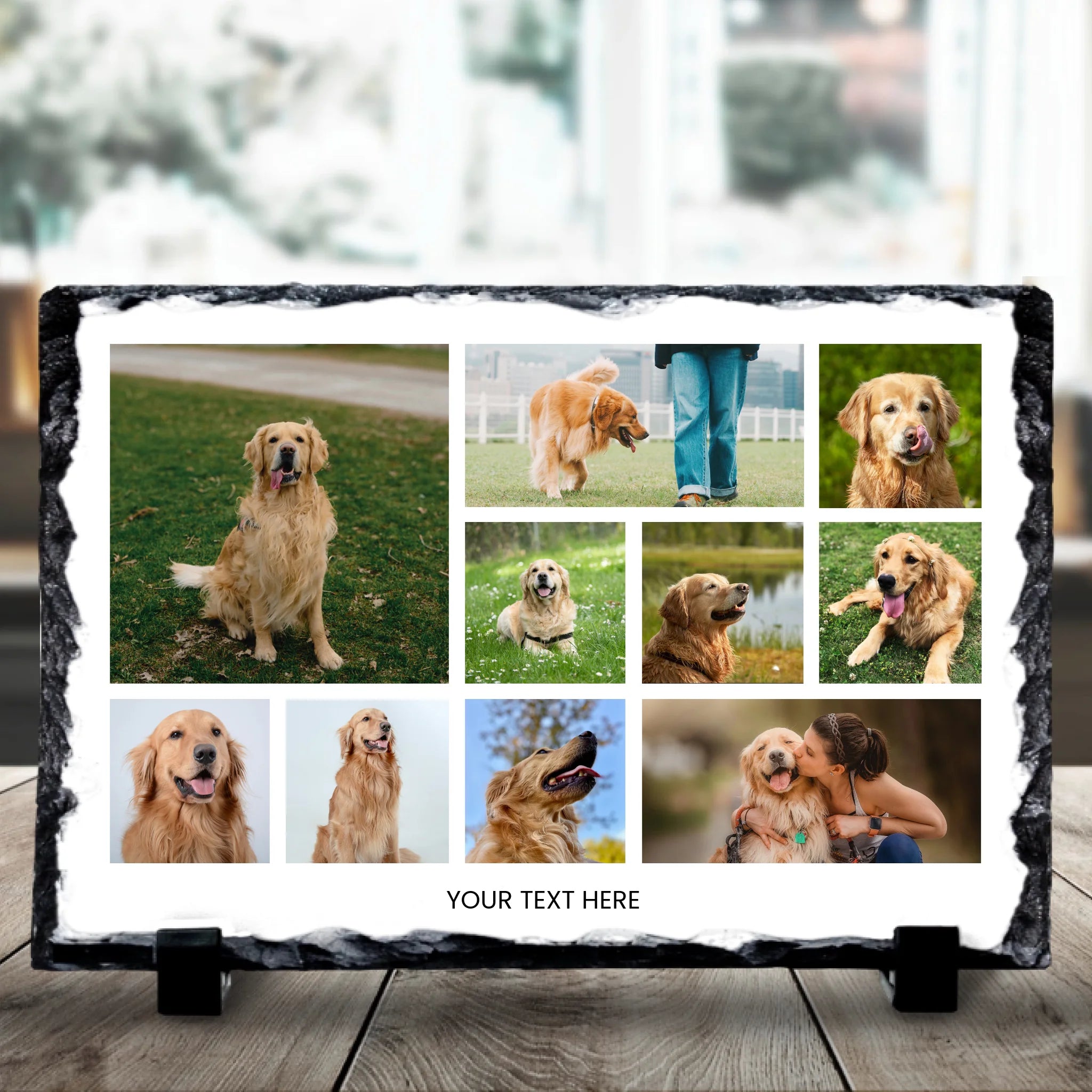 Personalised photo slate showing a 10-photo collage with a custom background colour