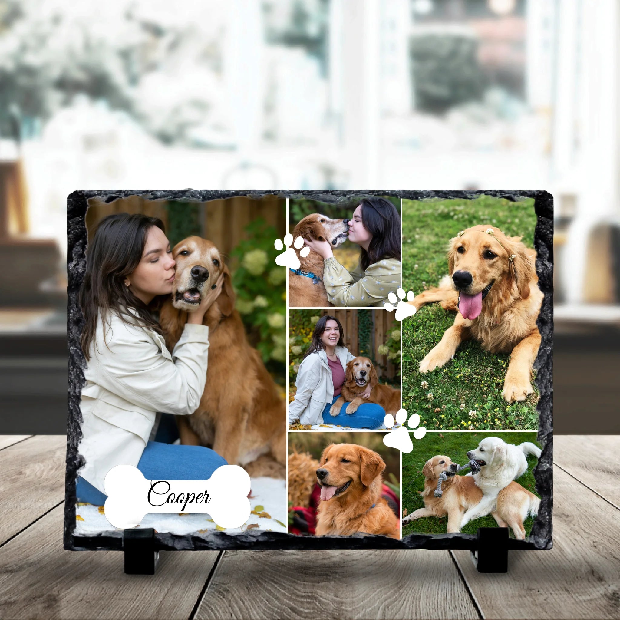 Custom photo slate with multiple pet photos arranged in a collage layout on 19x14cm slate