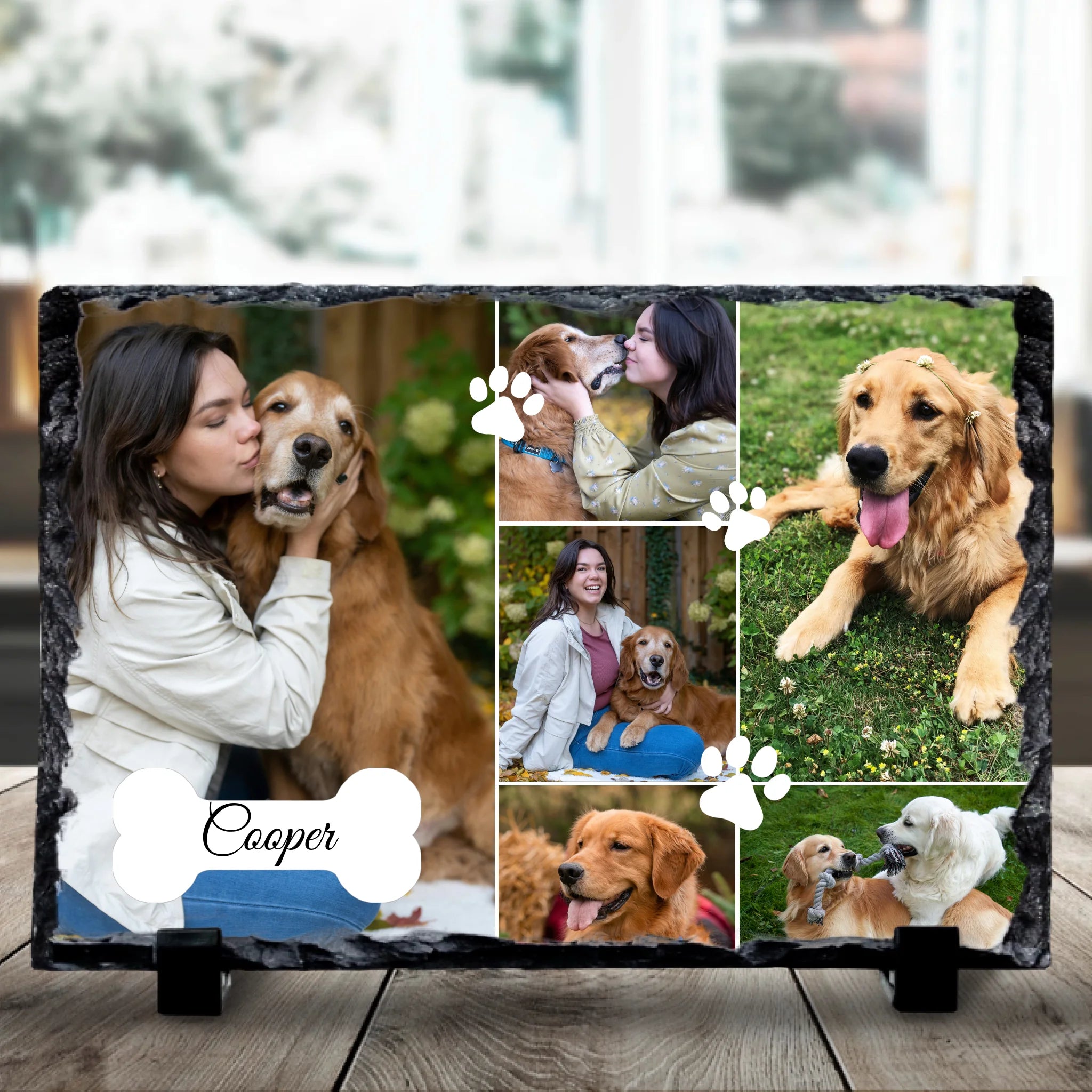 Personalised pet collage photo slate showing 6 photos and a pet name printed on slate