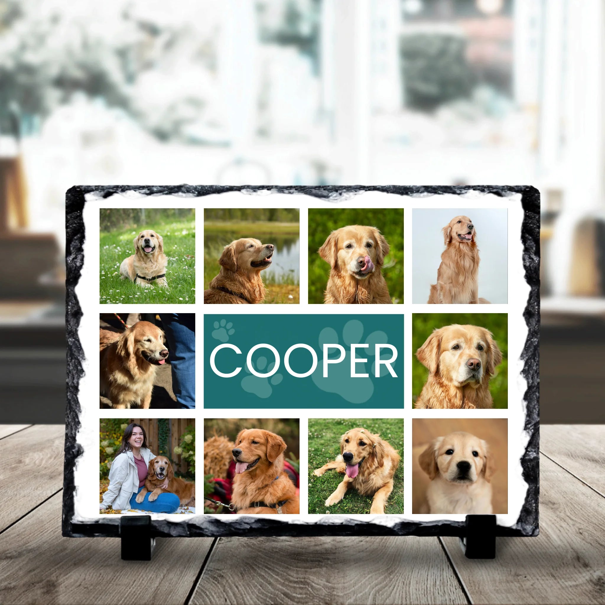 Close-up of a custom photo slate with multiple pet photos arranged in a collage layout