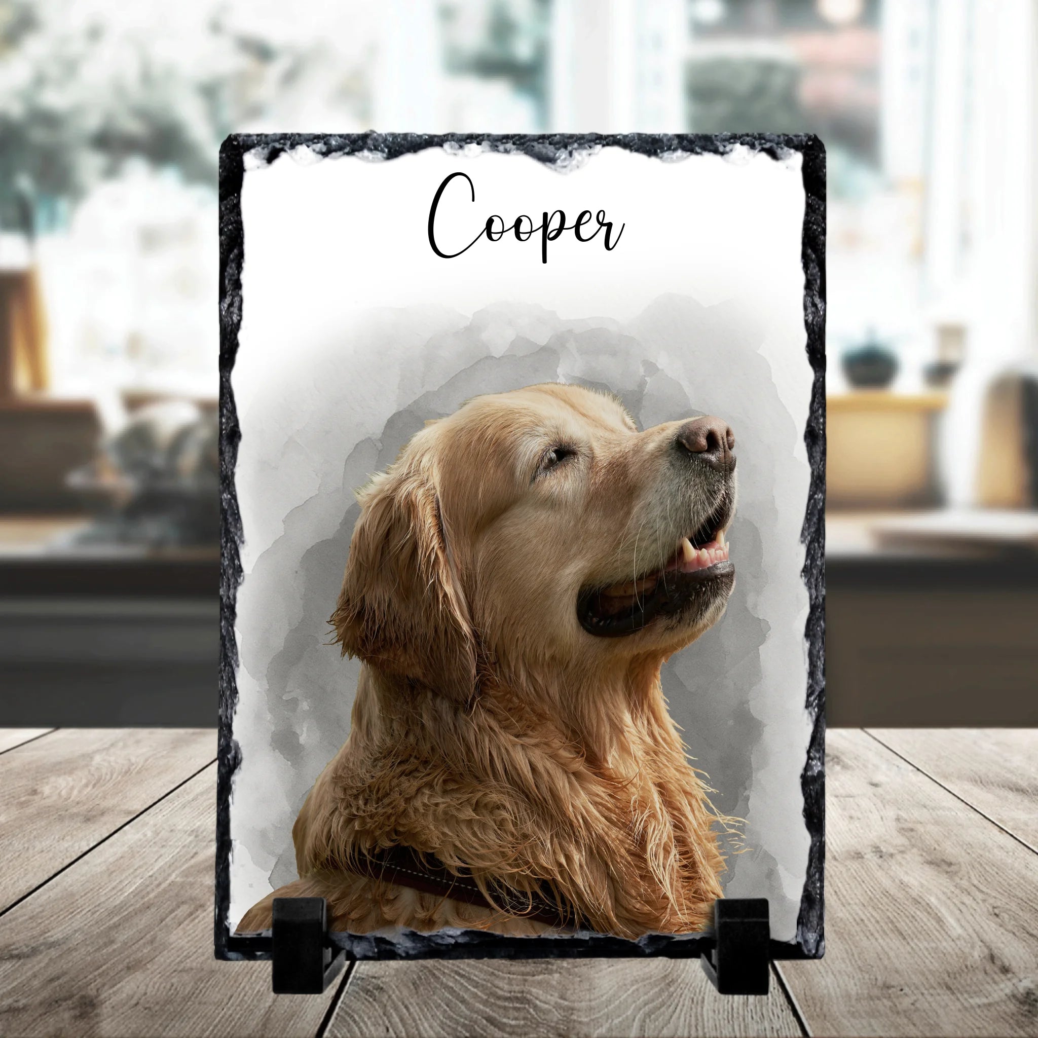 Custom photo slate showing a pet portrait with personalised name detail