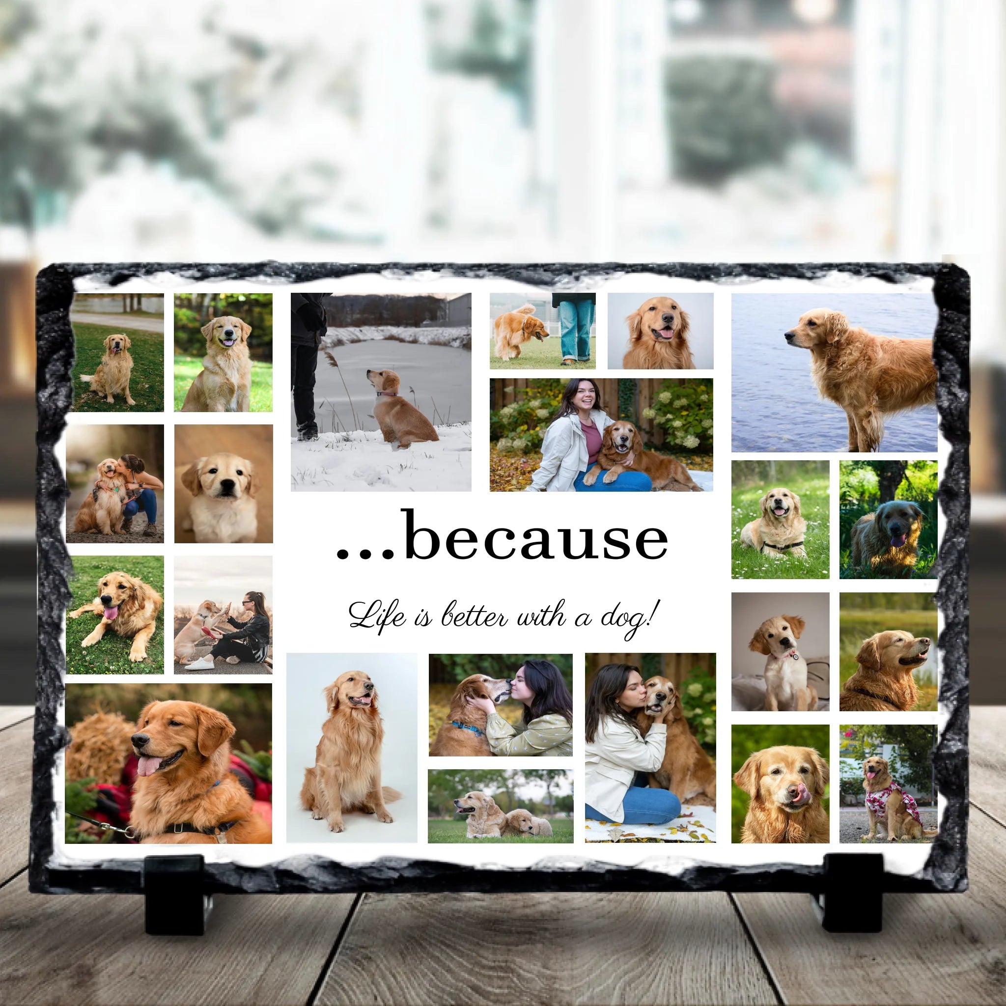 Dog photo collage slate gift with multiple pet photographs arranged in a grid layout