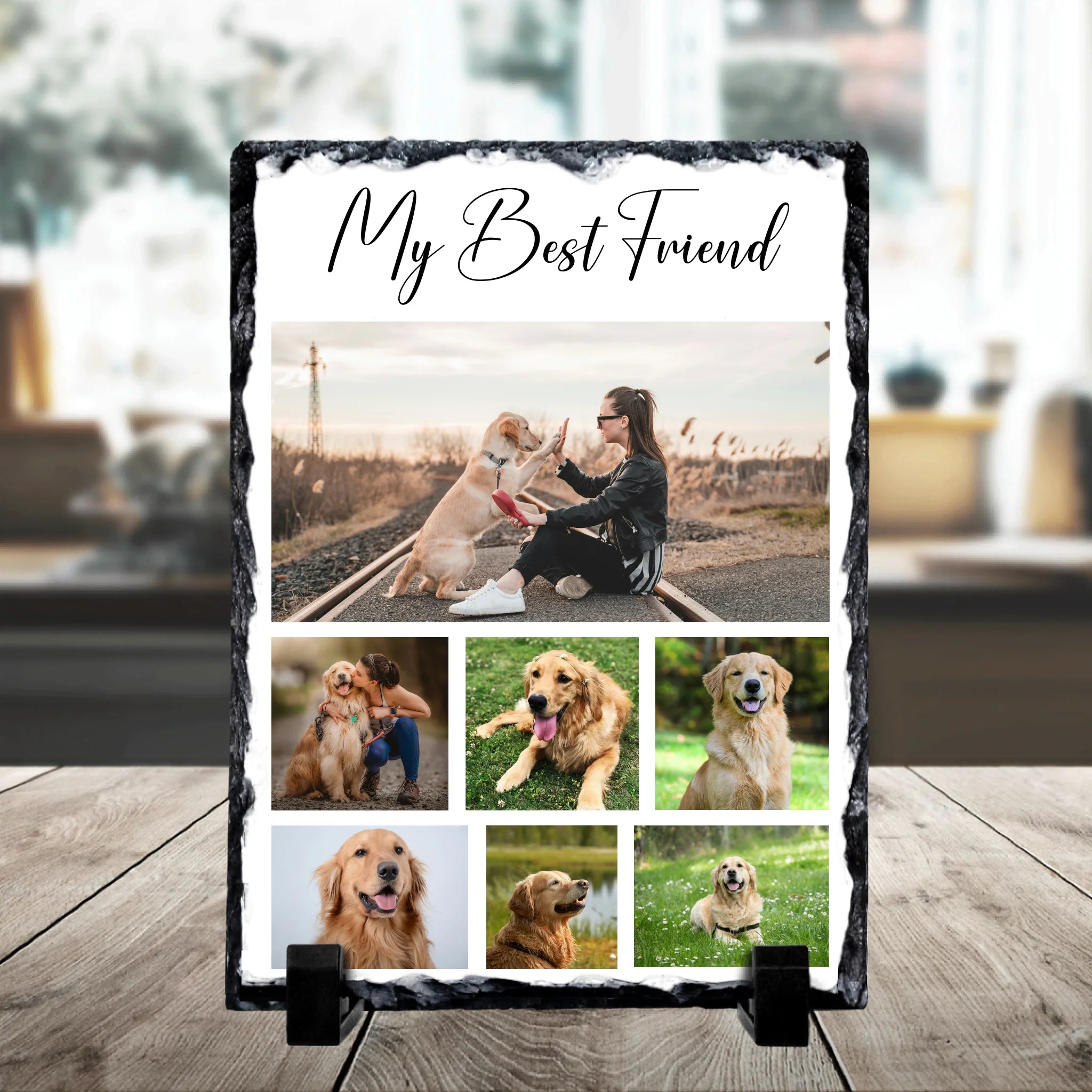Personalised photo slate gift with seven photo collage layout and custom text detail