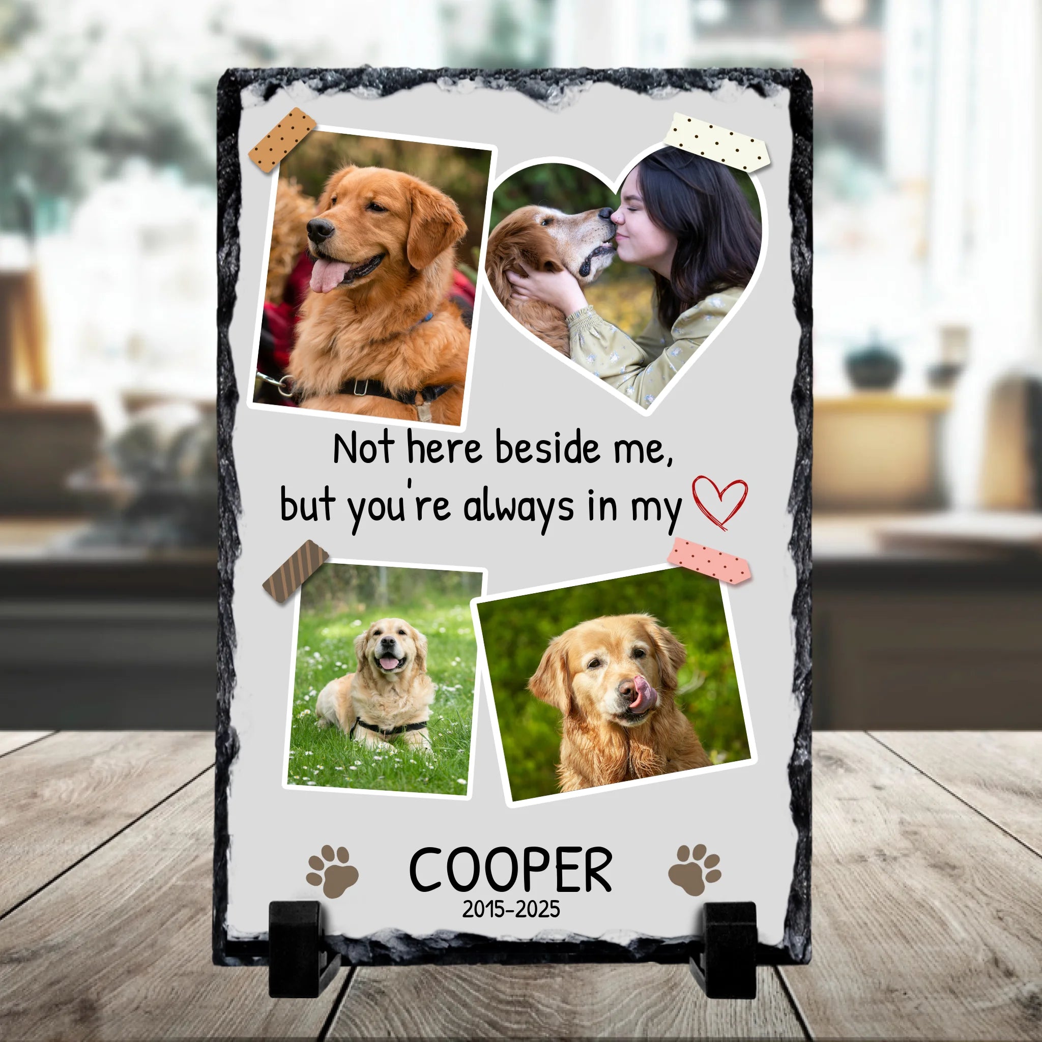 Close-up of personalised memorial photo slate with 4 pet photos printed on slate
