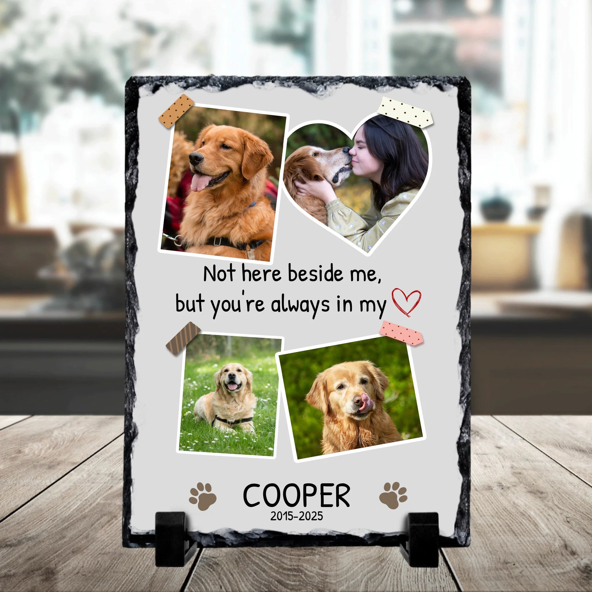 Custom photo slate pet memorial gift with four photo panels and memorial text